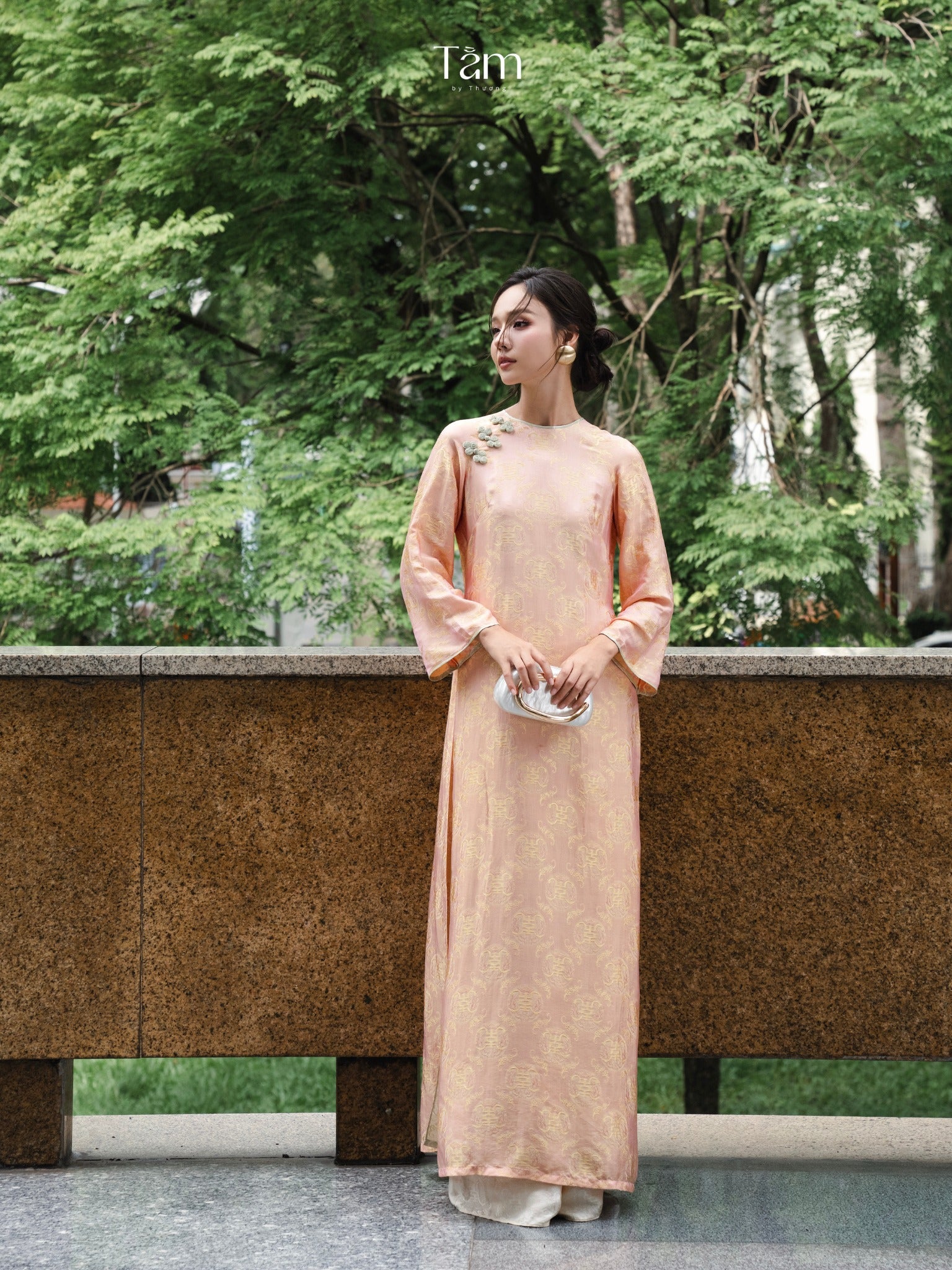 Cam Tu Ao-dai Set- Embellished Double-layered Ao Dai Set in Golden Peach - front view by Tam