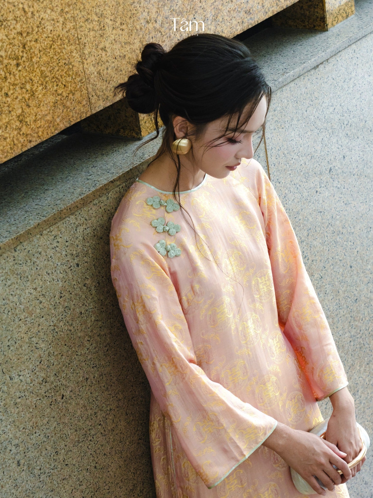 Cam Tu Ao-dai Set- Embellished Double-layered Ao Dai Set in Golden Peach - front view by Tam