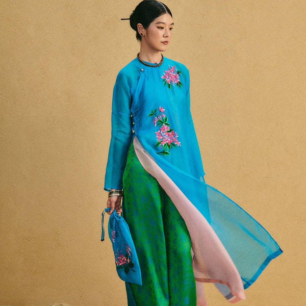 [Limited Edition] Azure Blossom Ao-dai Set - Luxury Dual-Layer Hand-Embroidered Organza and Silk Ensemble - side profile
