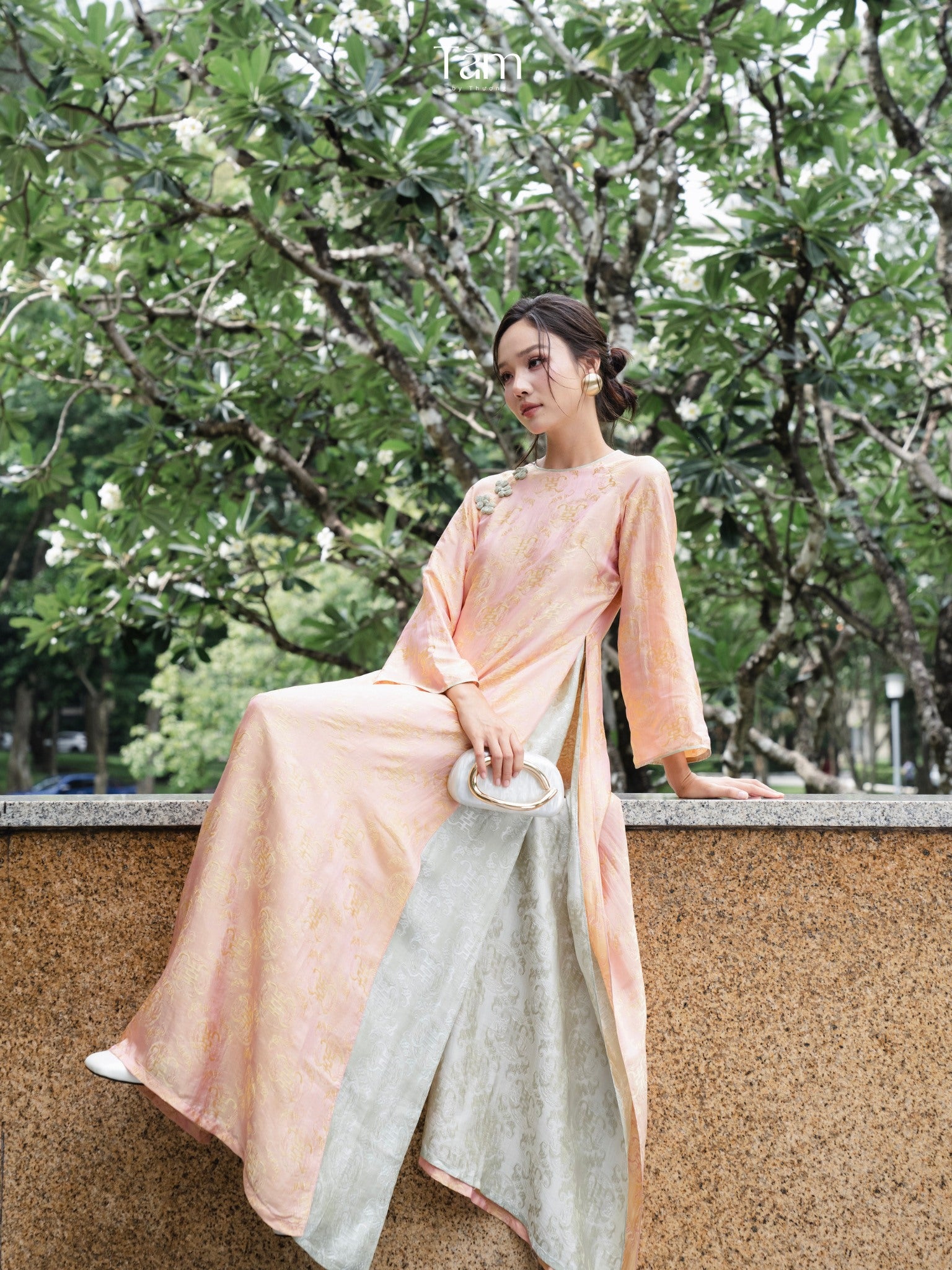 Cam Tu Ao-dai Set- Embellished Double-layered Ao Dai Set in Golden Peach - styled presentation by Tam