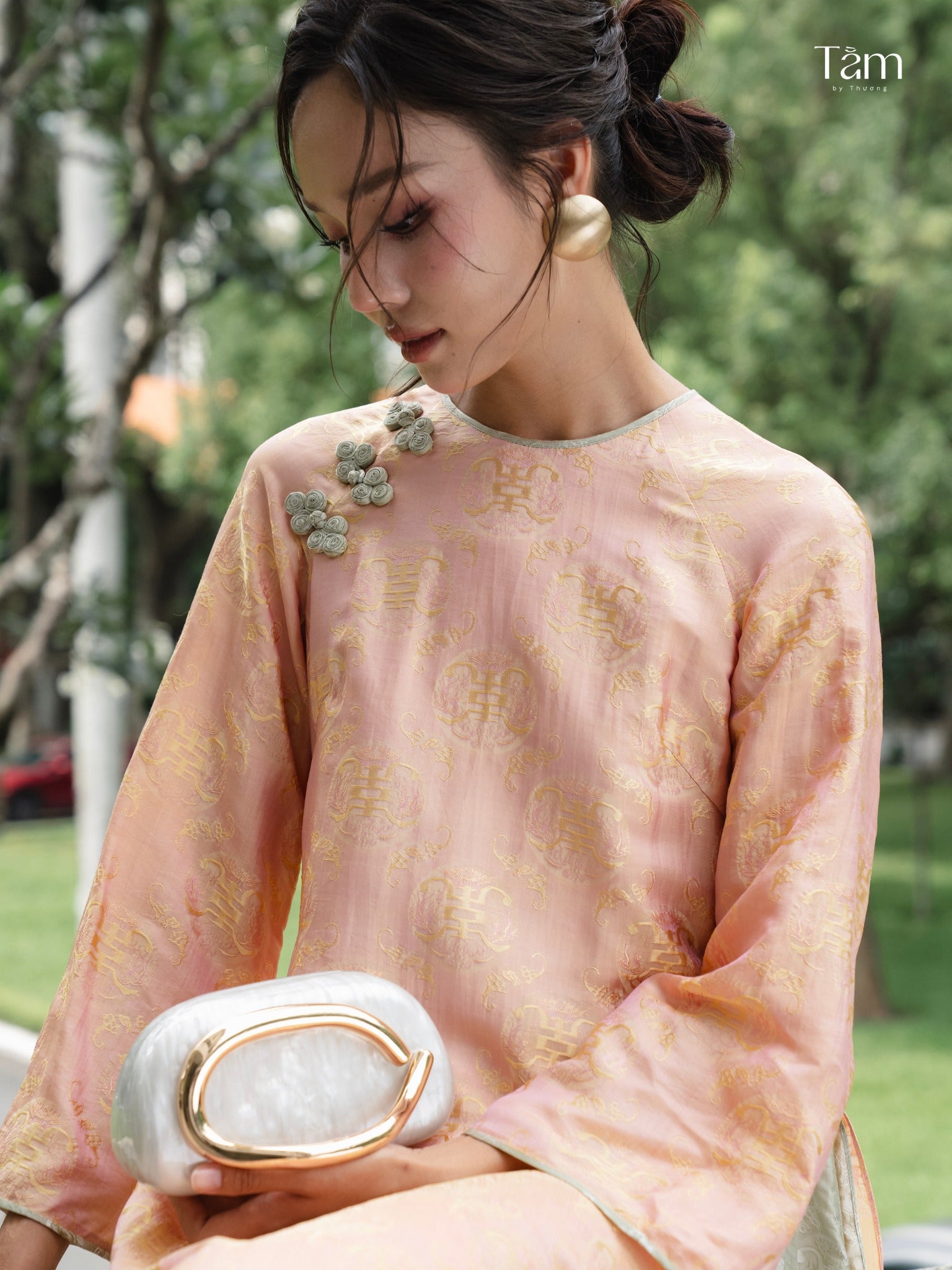 Cam Tu Ao-dai Set- Embellished Double-layered Ao Dai Set in Golden Peach - front view by Tam