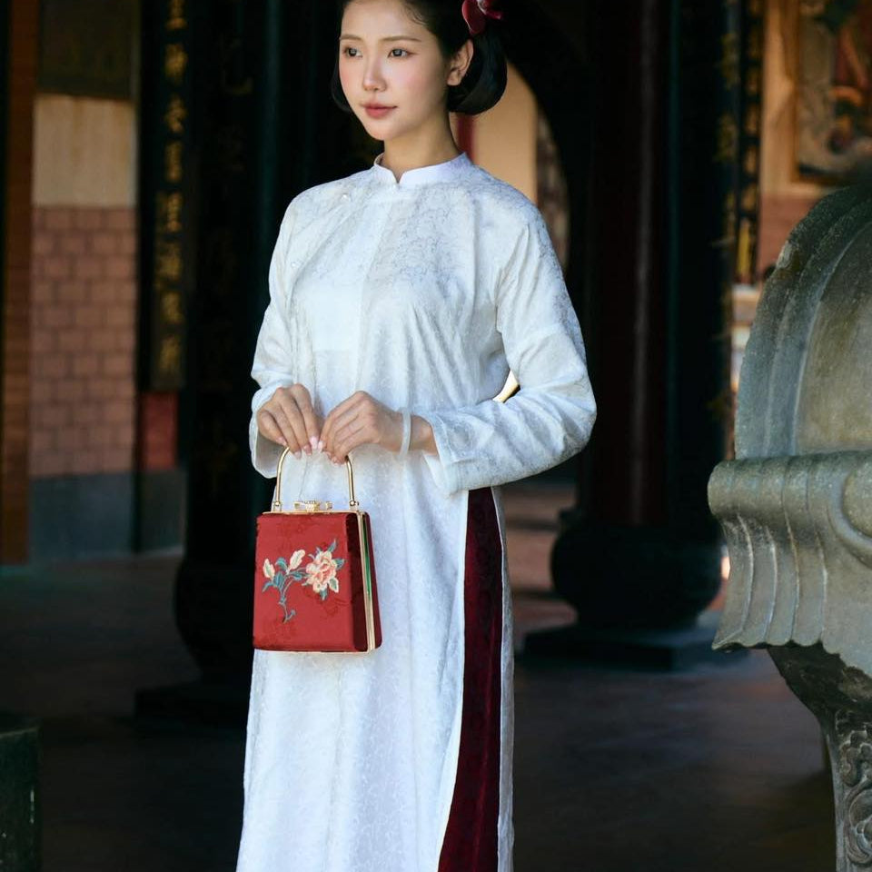 "Tue Lan" — Embroidered Viscose Handbag with Metal Handle in Rectangle shape - lifestyle shot | Vietnamese Luxury Fashion