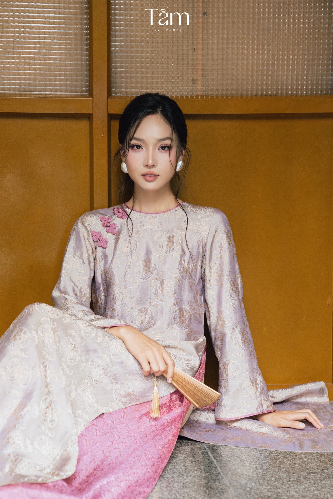 Cam Tu Ao-dai Set- Embellished Double-layered Ao Dai in Bronze-Kissed Lilac Grey - front view by Tam