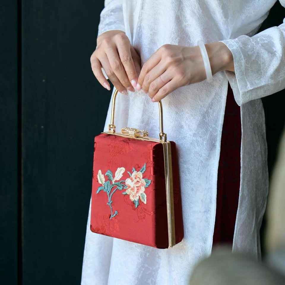 "Hồng Trà" — Embroidered Viscose Handbag with Metal Handle in Rectangle shape - front view | Vietnamese Luxury Fashion