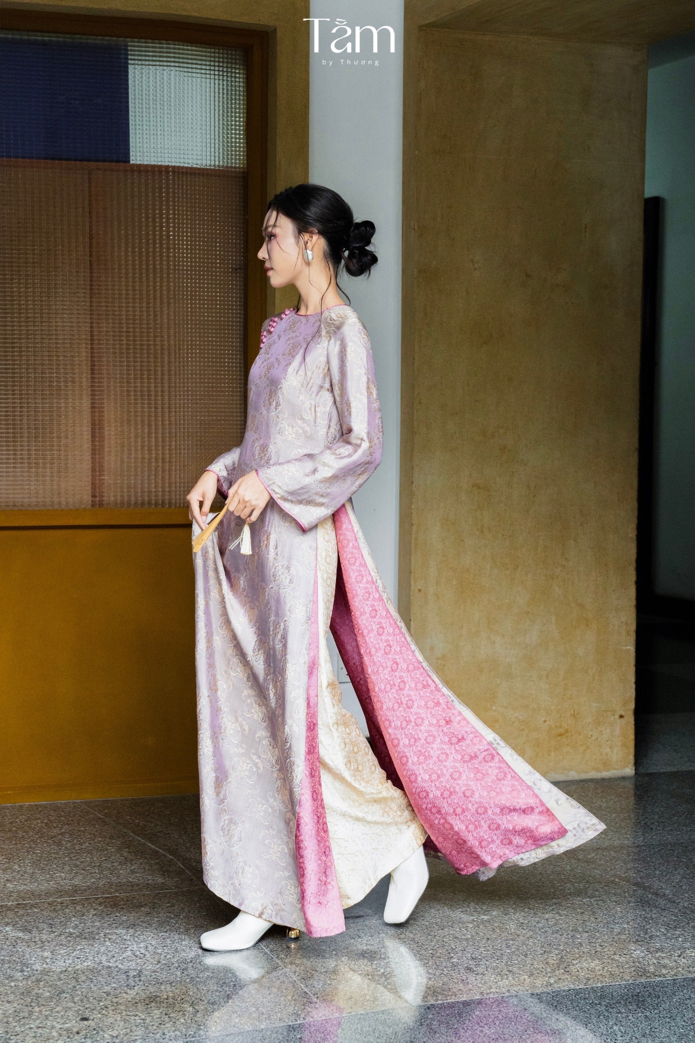 Cam Tu Ao-dai Set- Embellished Double-layered Ao Dai in Bronze-Kissed Lilac Grey - side profile by Tam