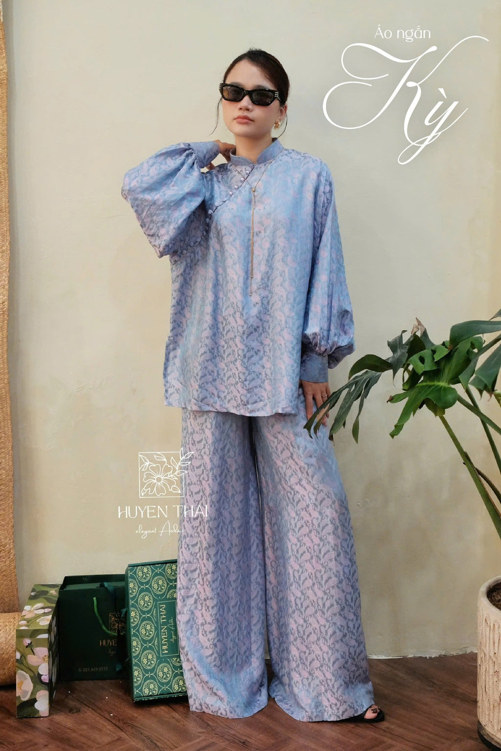 KY Ao-Ngan (Shorter version of Ao-dai) with Balloon Sleeve - Wormsilk - front view by Huyen Thai Collection