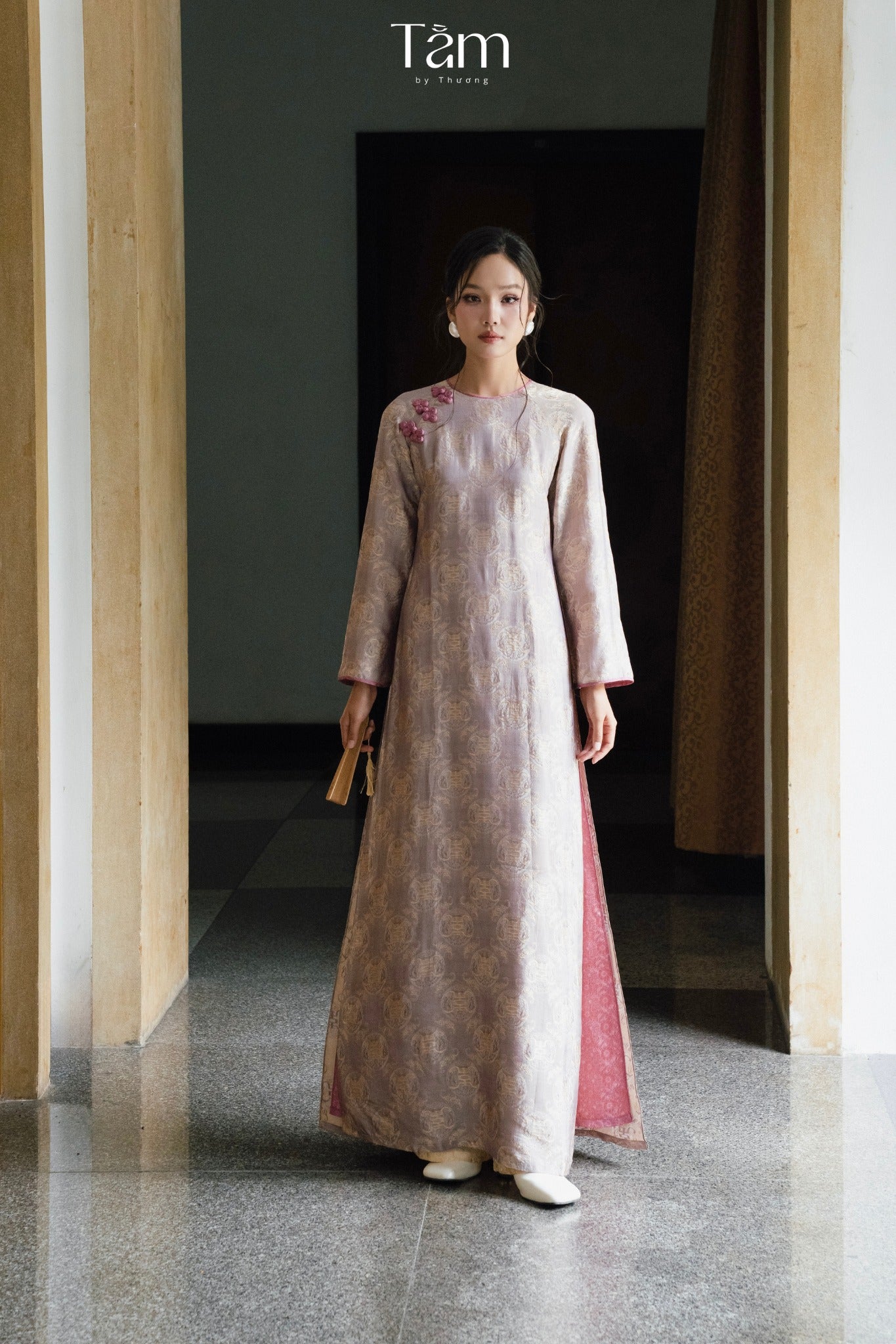 Cam Tu Ao-dai Set- Embellished Double-layered Ao Dai in Bronze-Kissed Lilac Grey - front view by Tam