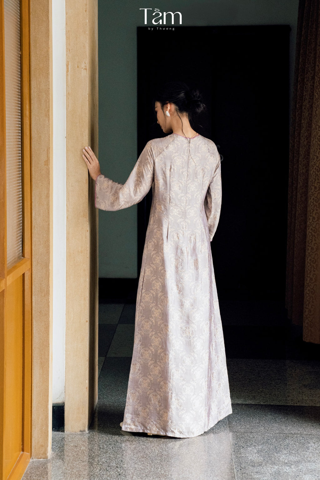 Cam Tu Ao-dai Set- Embellished Double-layered Ao Dai in Bronze-Kissed Lilac Grey - back view by Tam