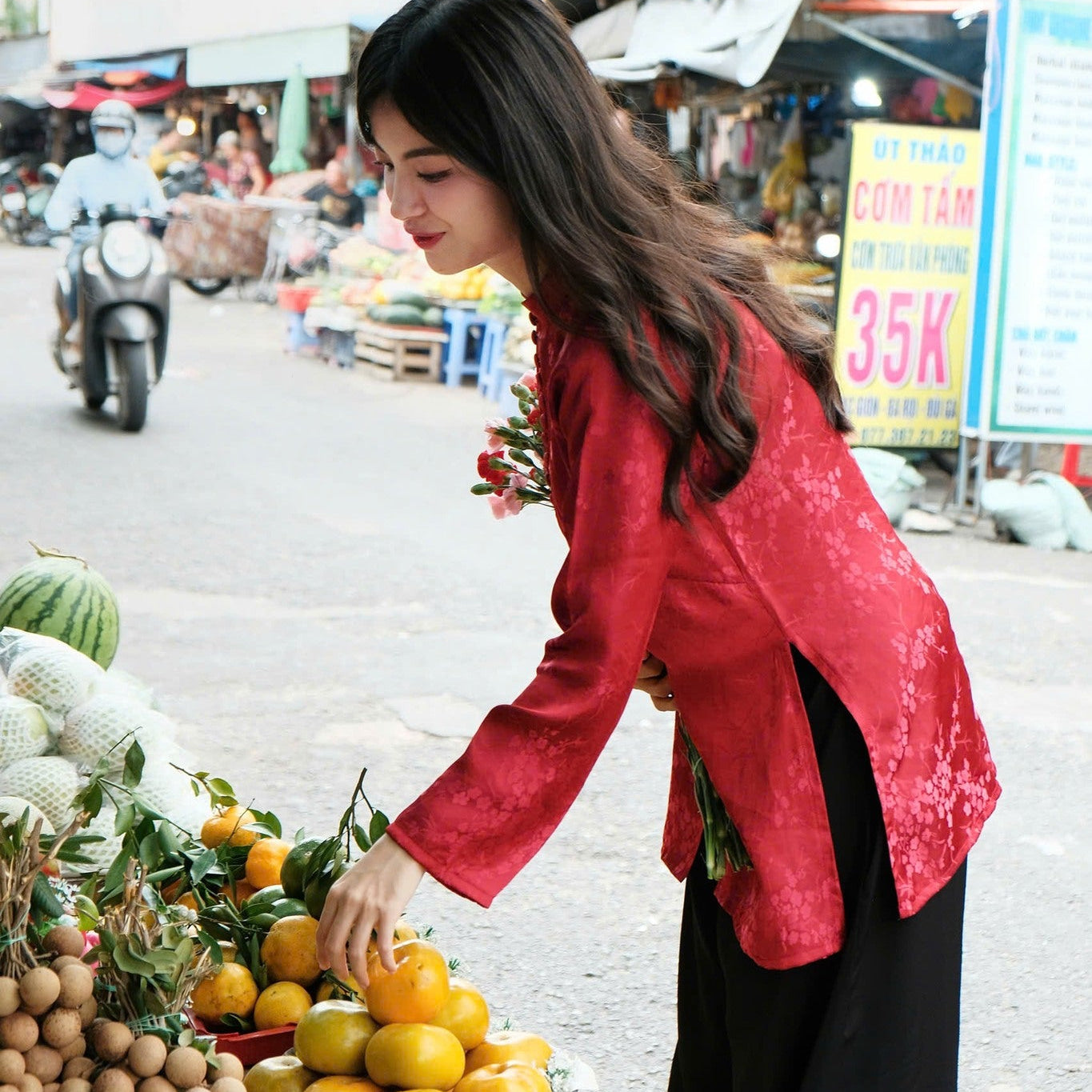 Vietnamese Ao Dai - Nhu Y” Ao Ba Ba – Silk Top in Festive Scarlet - styled presentation in red by Moc
