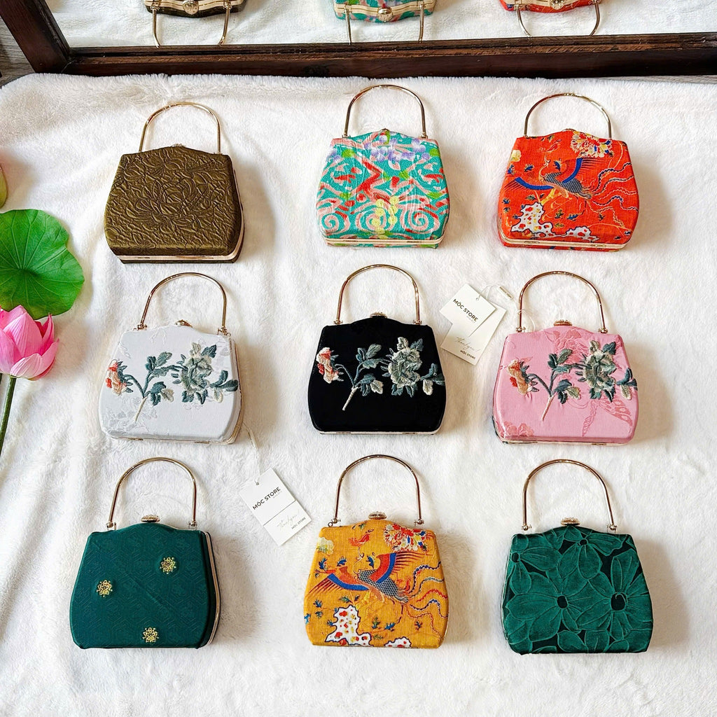 Liên Ảnh — Embroidered Viscose Handbag with Metal Handle in black - detail view | Vietnamese Luxury Fashion