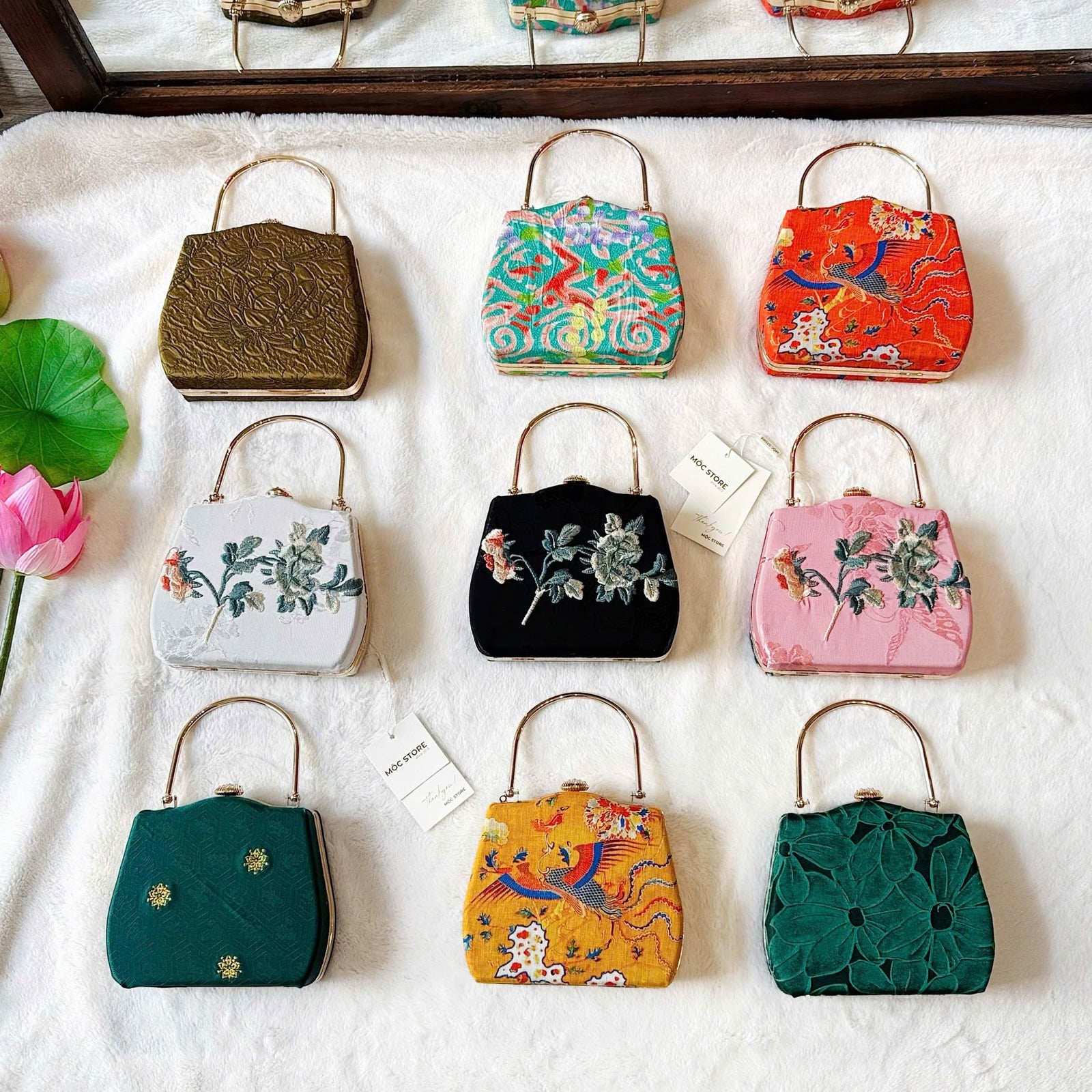 Liên Ảnh — Embroidered Viscose Handbag with Metal Handle - flat lay display by Moc - Bags