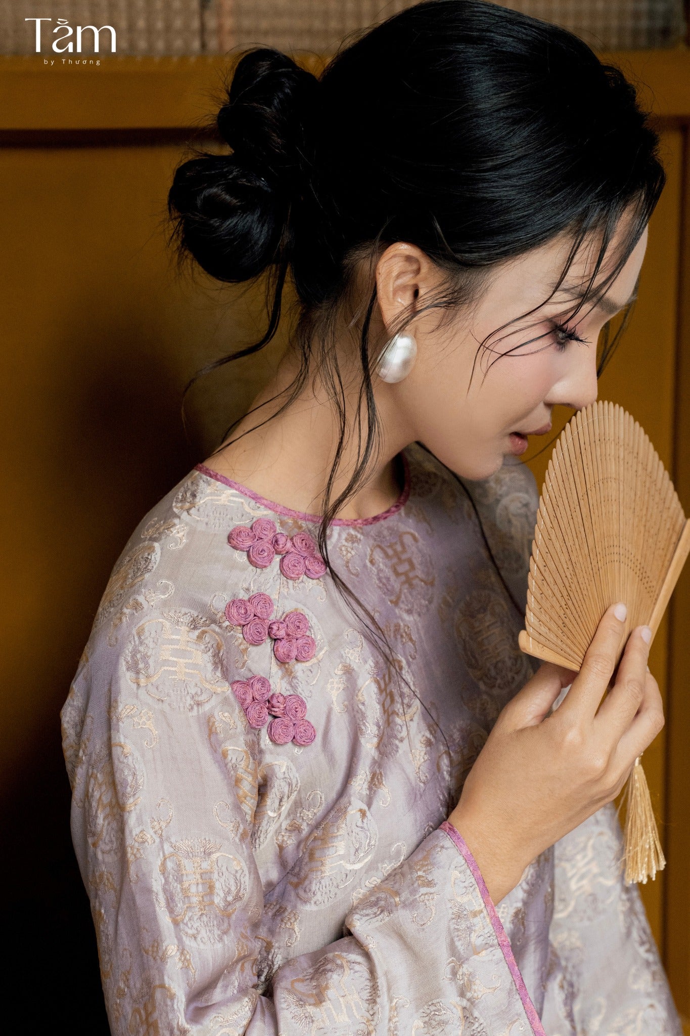 Cam Tu Ao-dai Set- Embellished Double-layered Ao Dai in Bronze-Kissed Lilac Grey - side profile by Tam