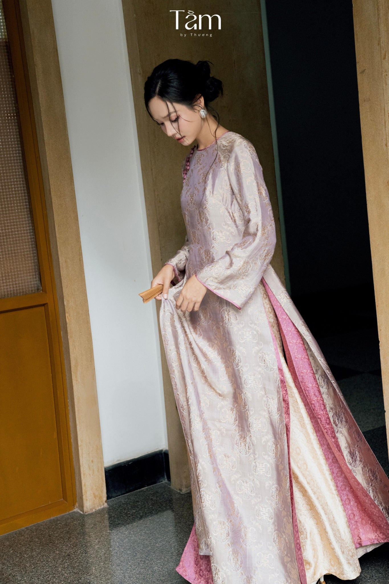 Cam Tu Ao-dai Set- Embellished Double-layered Ao Dai in Bronze-Kissed Lilac Grey - side profile by Tam