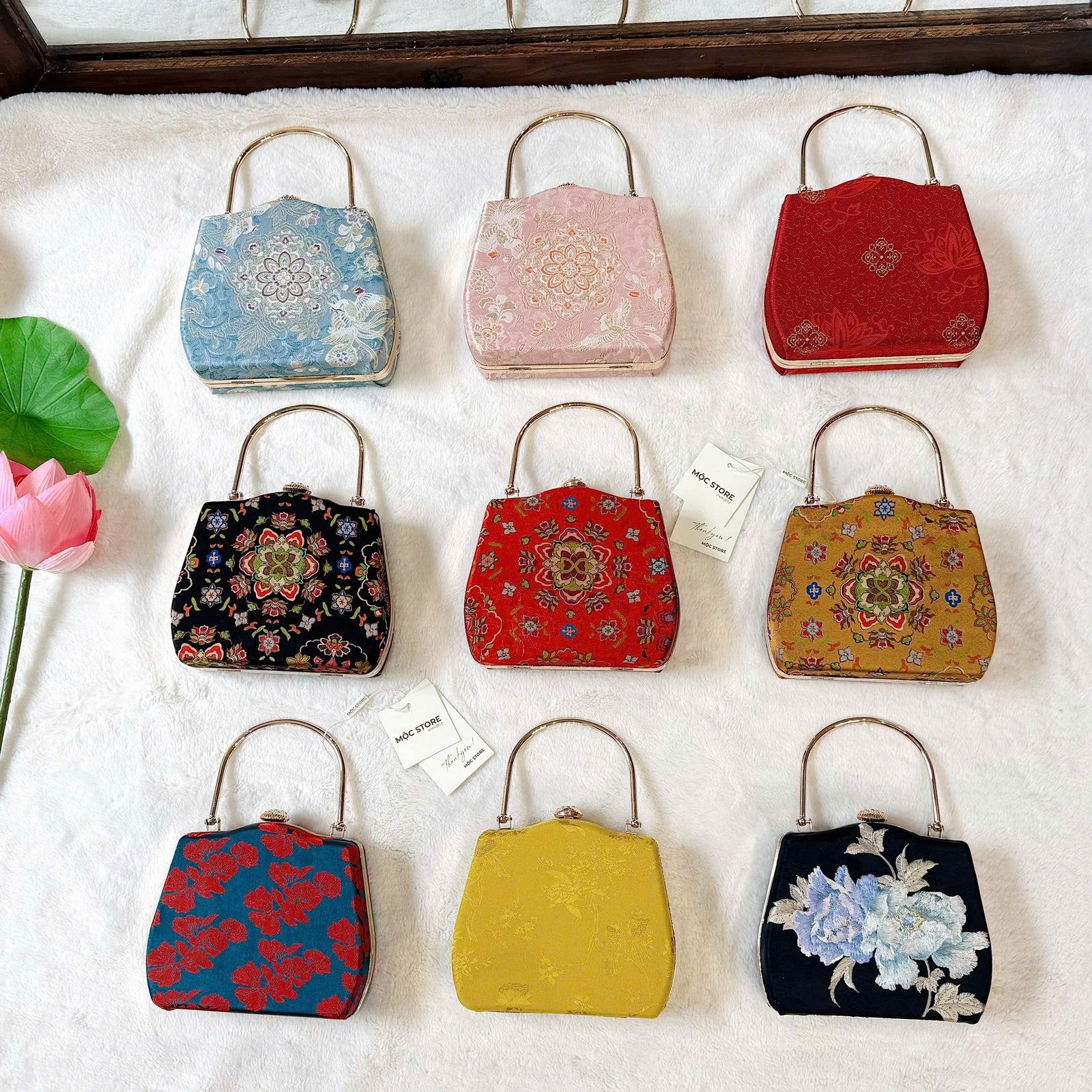 Liên Ảnh — Embroidered Viscose Handbag with Metal Handle - flat lay display by Moc - Bags