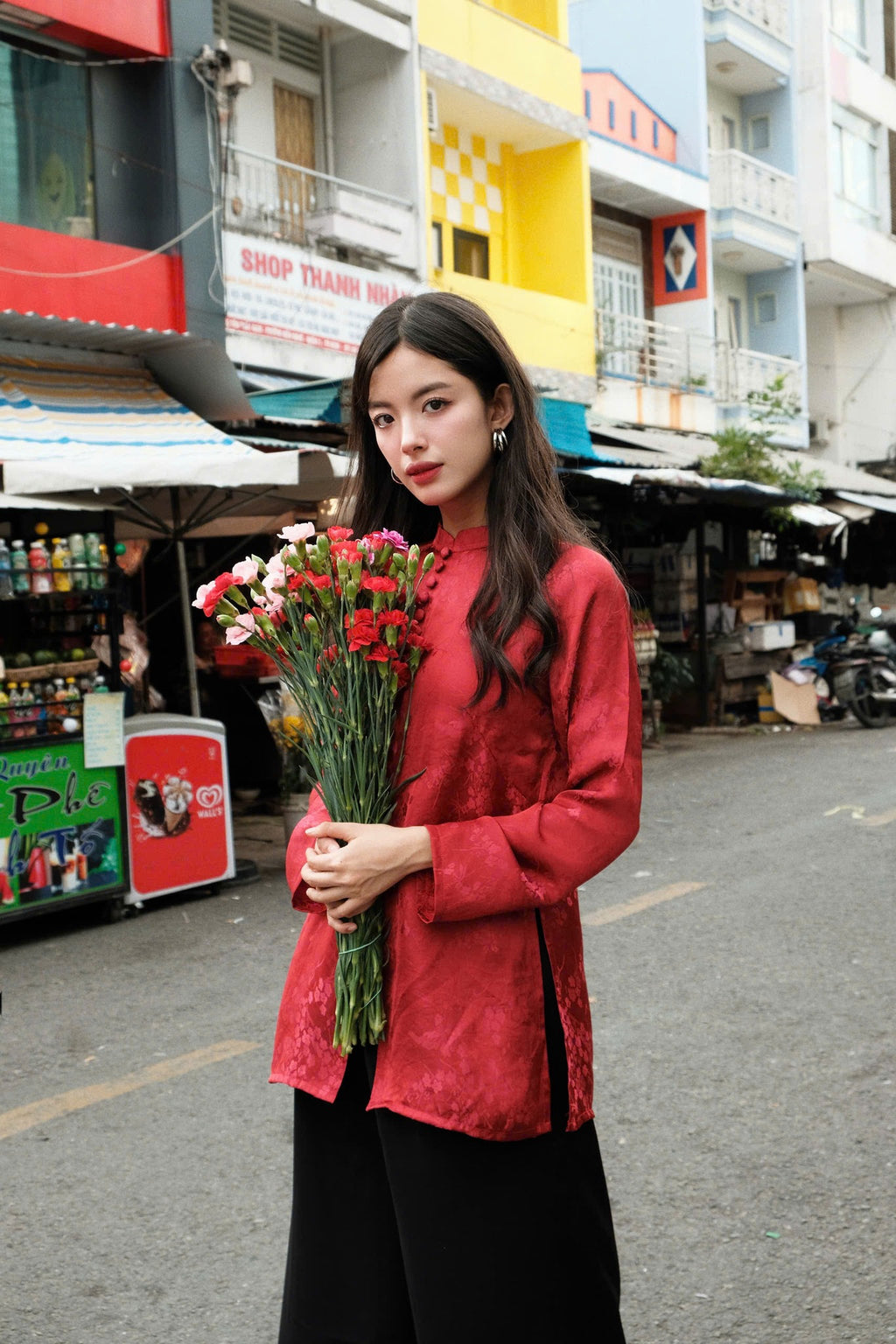 Vietnamese Ao Dai - Nhu Y” Ao Ba Ba – Silk Top in Festive Scarlet - styled presentation in red by Moc