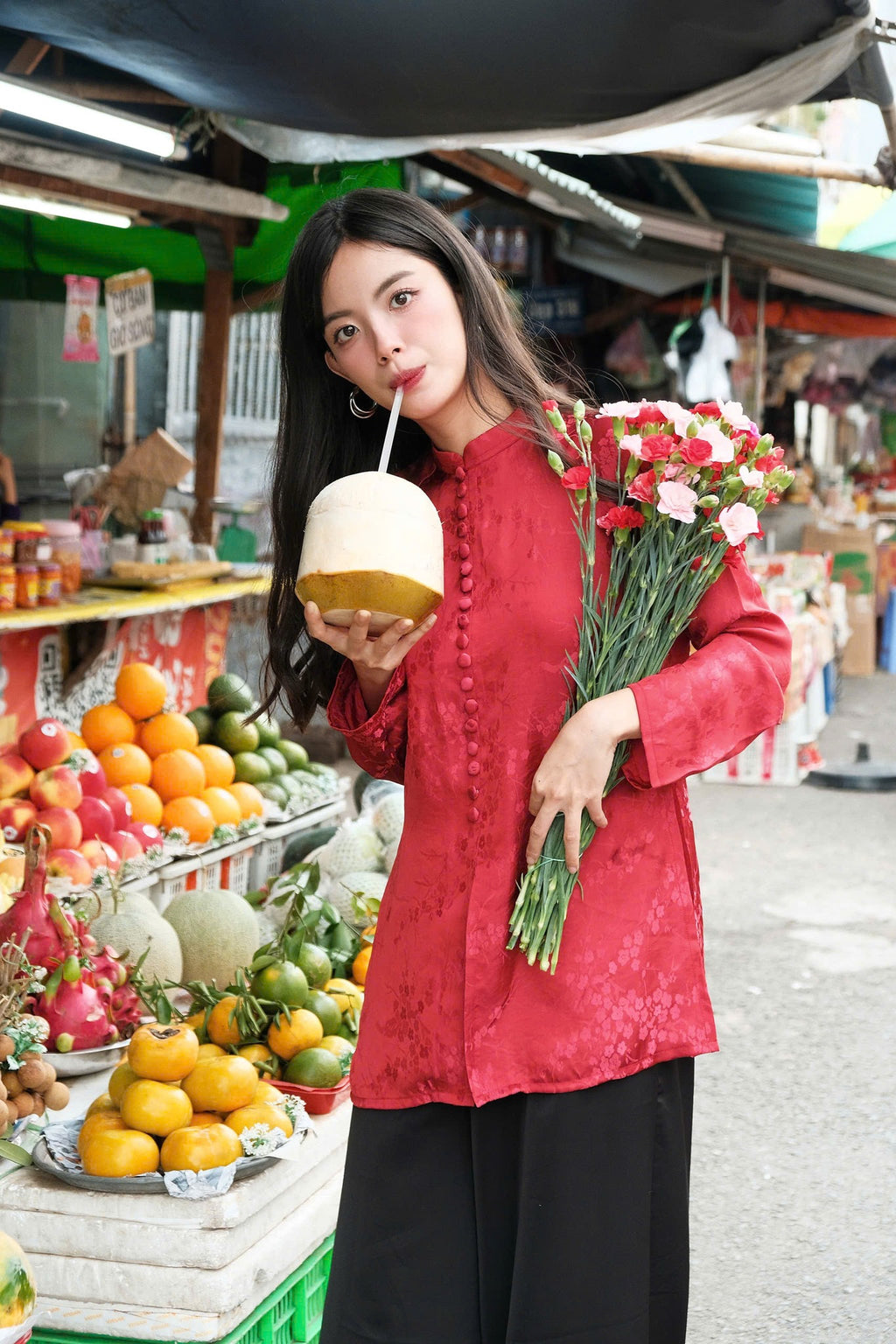 Vietnamese Ao Dai - Nhu Y” Ao Ba Ba – Silk Top in Festive Scarlet - styled presentation in red by Moc