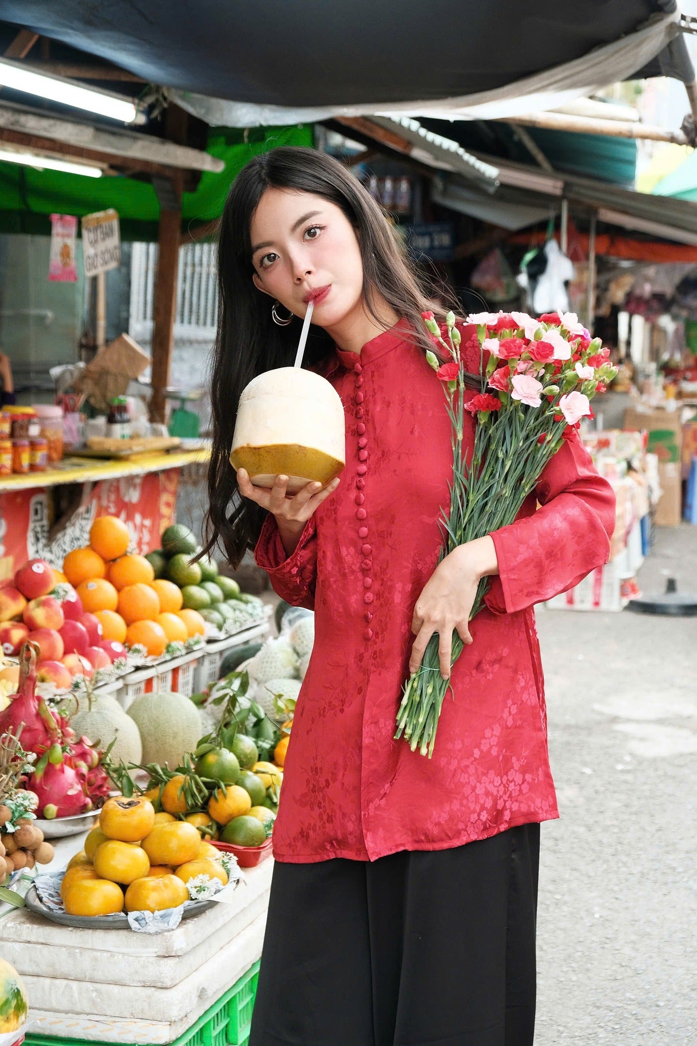 Vietnamese Ao Dai - Nhu Y” Ao Ba Ba – Silk Top in Festive Scarlet - styled presentation in red by Moc