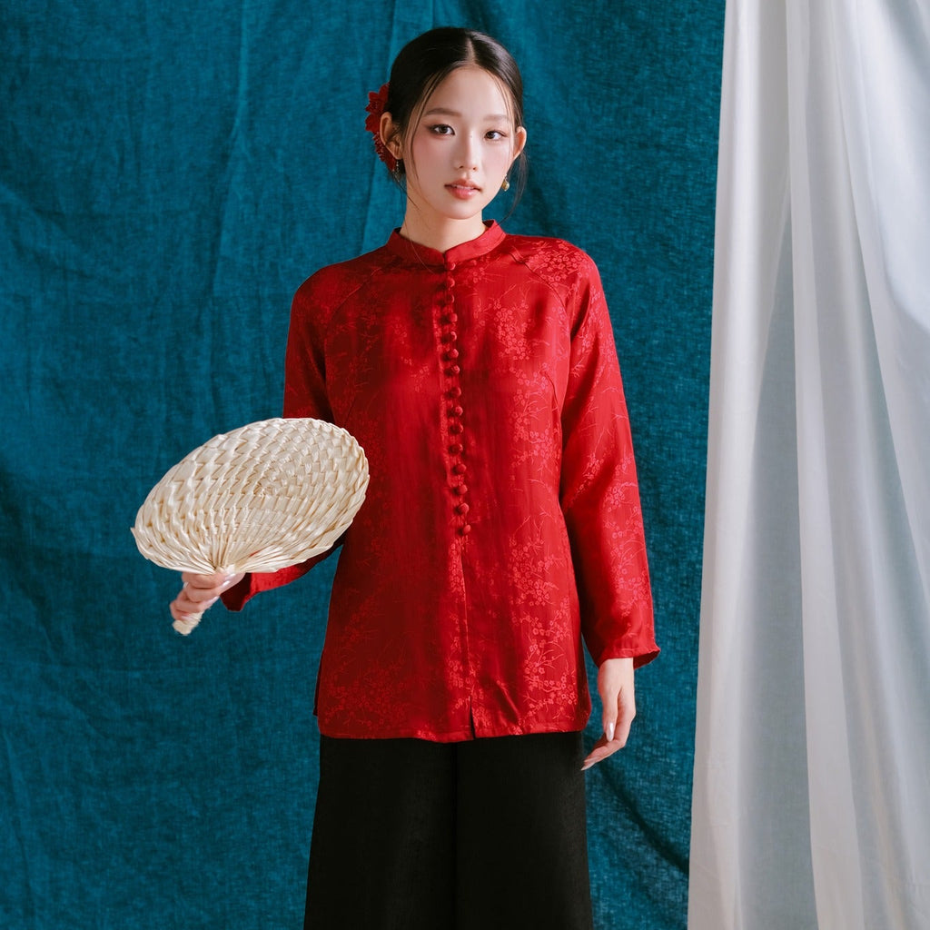 Vietnamese Embroidery - Nhu Y” Ao Ba Ba – Silk Top in Festive Scarlet - front view in red by Moc