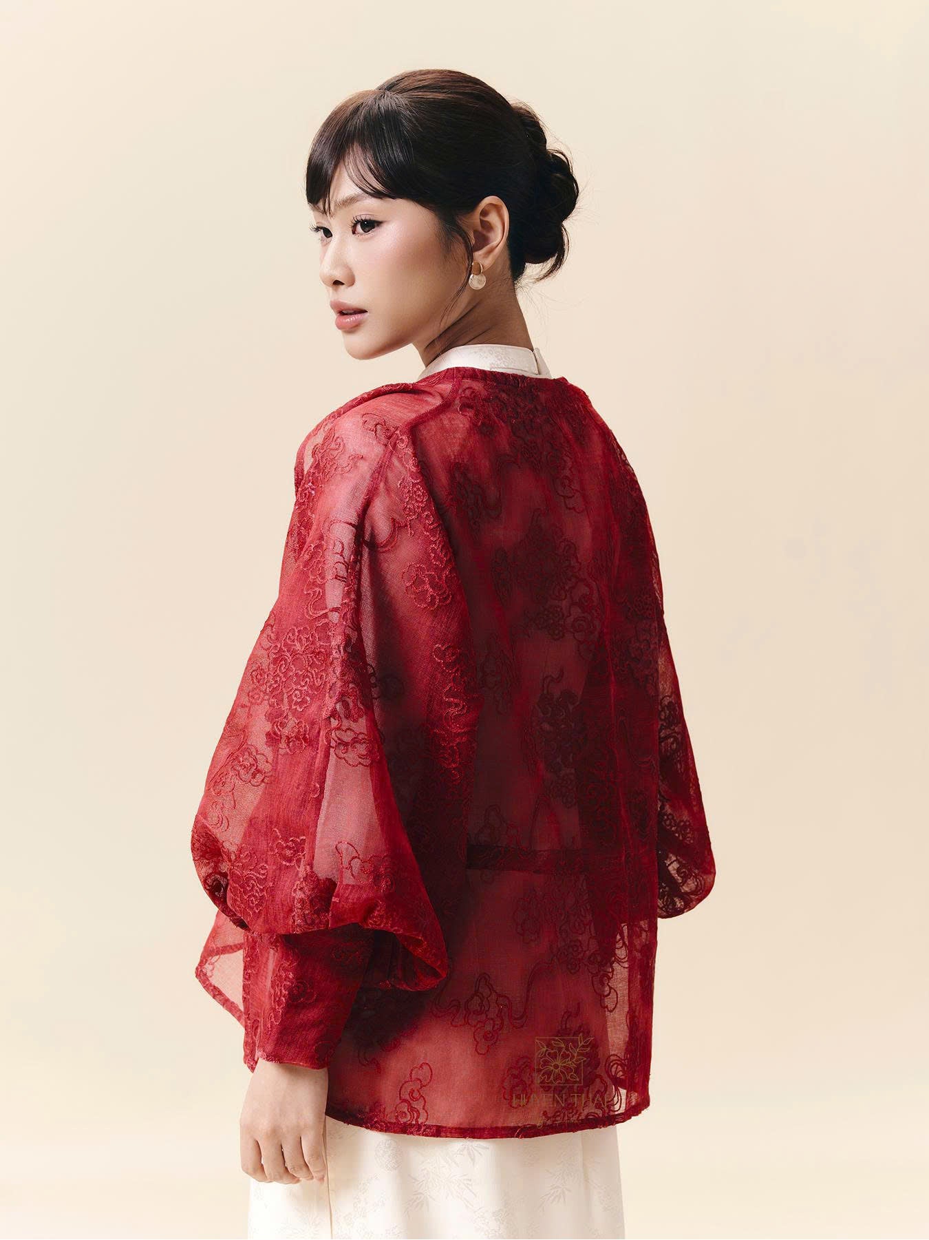 Vietnamese Embroidery - CẦM Cardigan – Embroidered Lace - back view in organza in red by Huyen Thai Collection