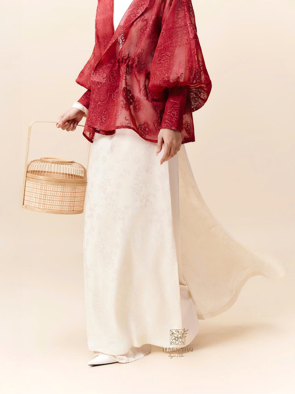 Vietnamese Ao Dai - CẦM Cardigan – Embroidered Lace - side profile in silk in red by Huyen Thai Collection