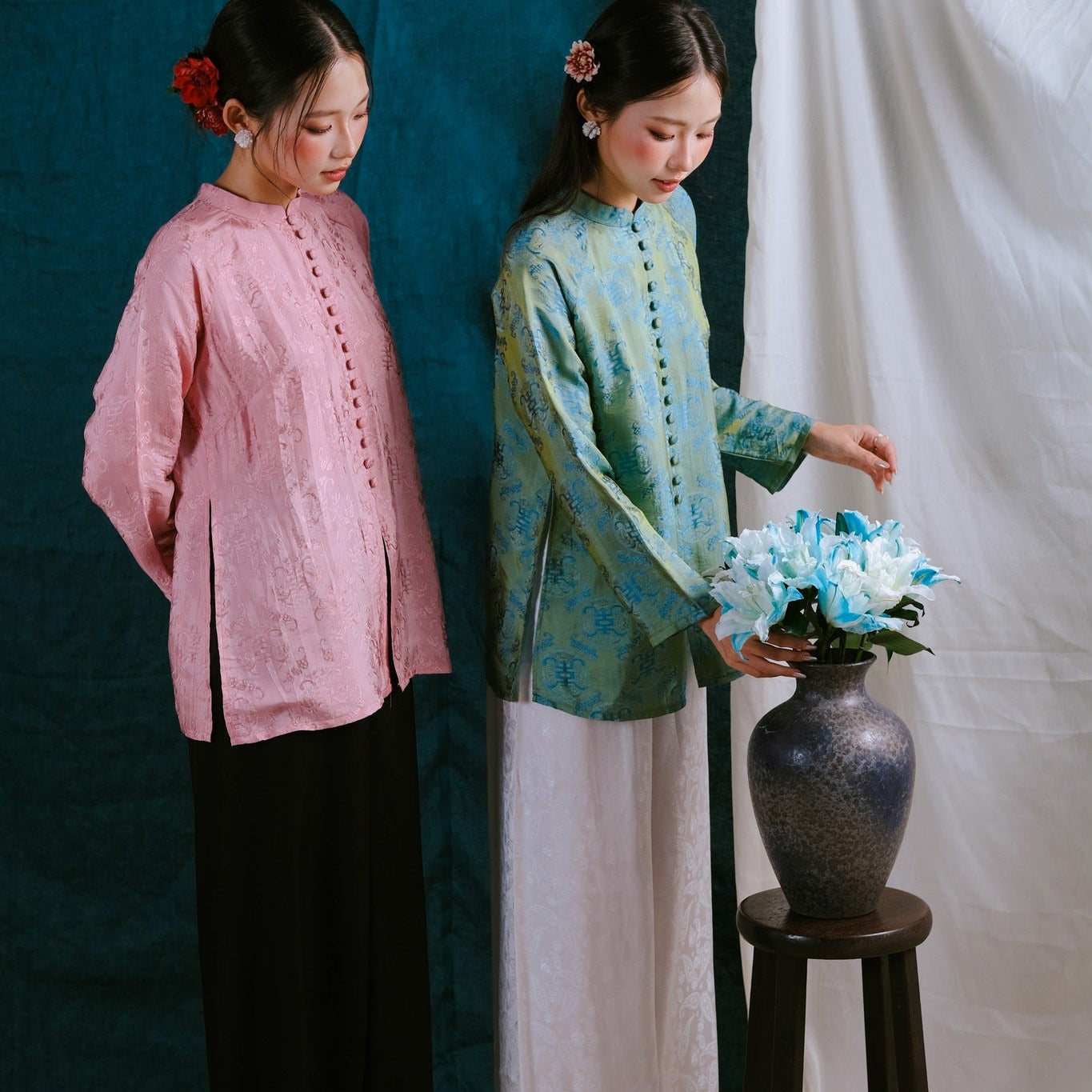 Vietnamese Ao Dai - “Luc Tra Ao Ba Ba – Wormsilk Top - styled presentation in pink by Moc