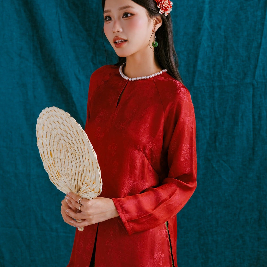 Vietnamese Ao Dai - “Phuong Tien Ao Ba Ba – Silk Top with pearl-embellished neckline - front view in red by Moc