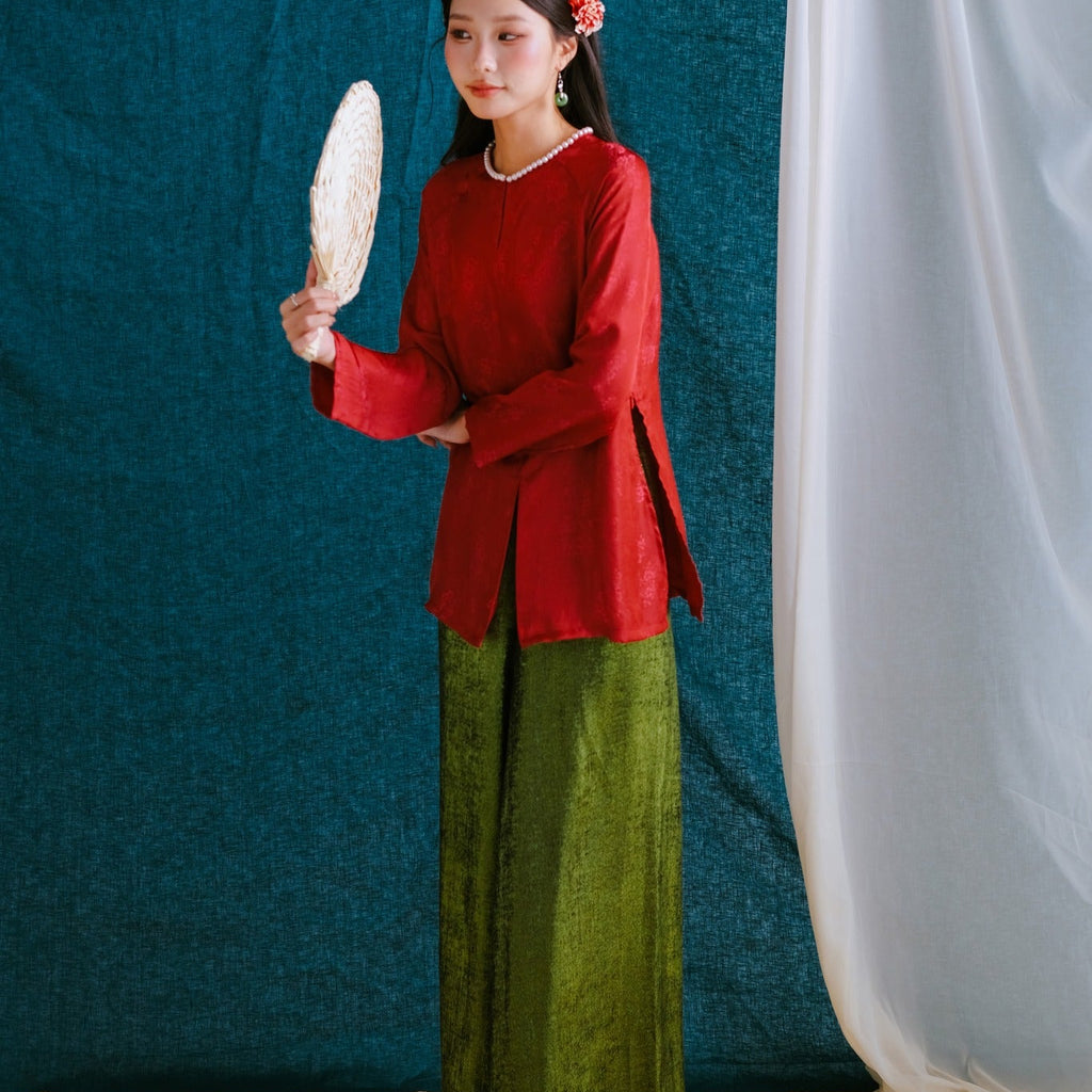 Vietnamese Ao Dai - “Phuong Tien Ao Ba Ba – Silk Top with pearl-embellished neckline - front view in red by Moc