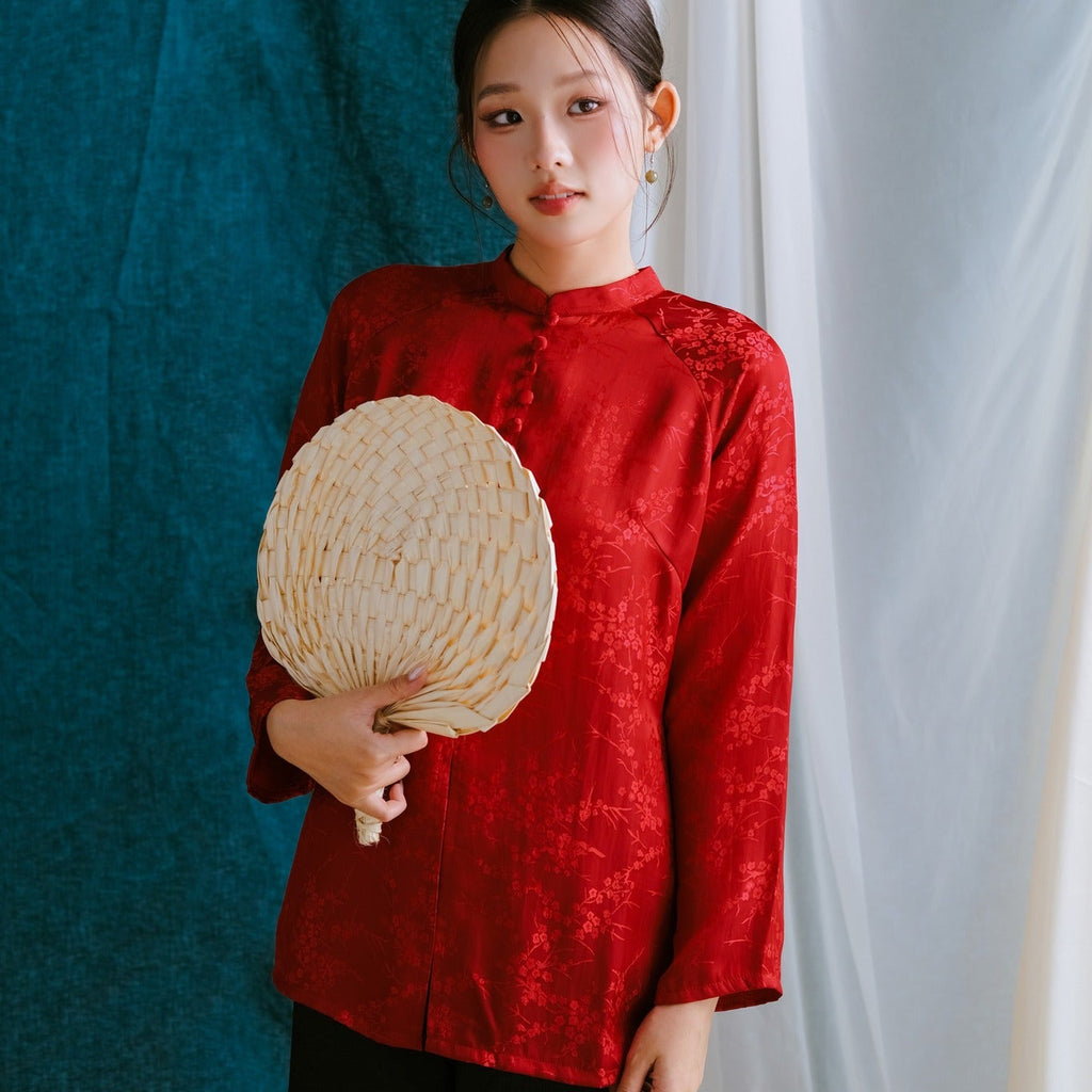 Vietnamese Ao Dai - Nhu Y” Ao Ba Ba – Silk Top in Festive Scarlet - front view in red by Moc