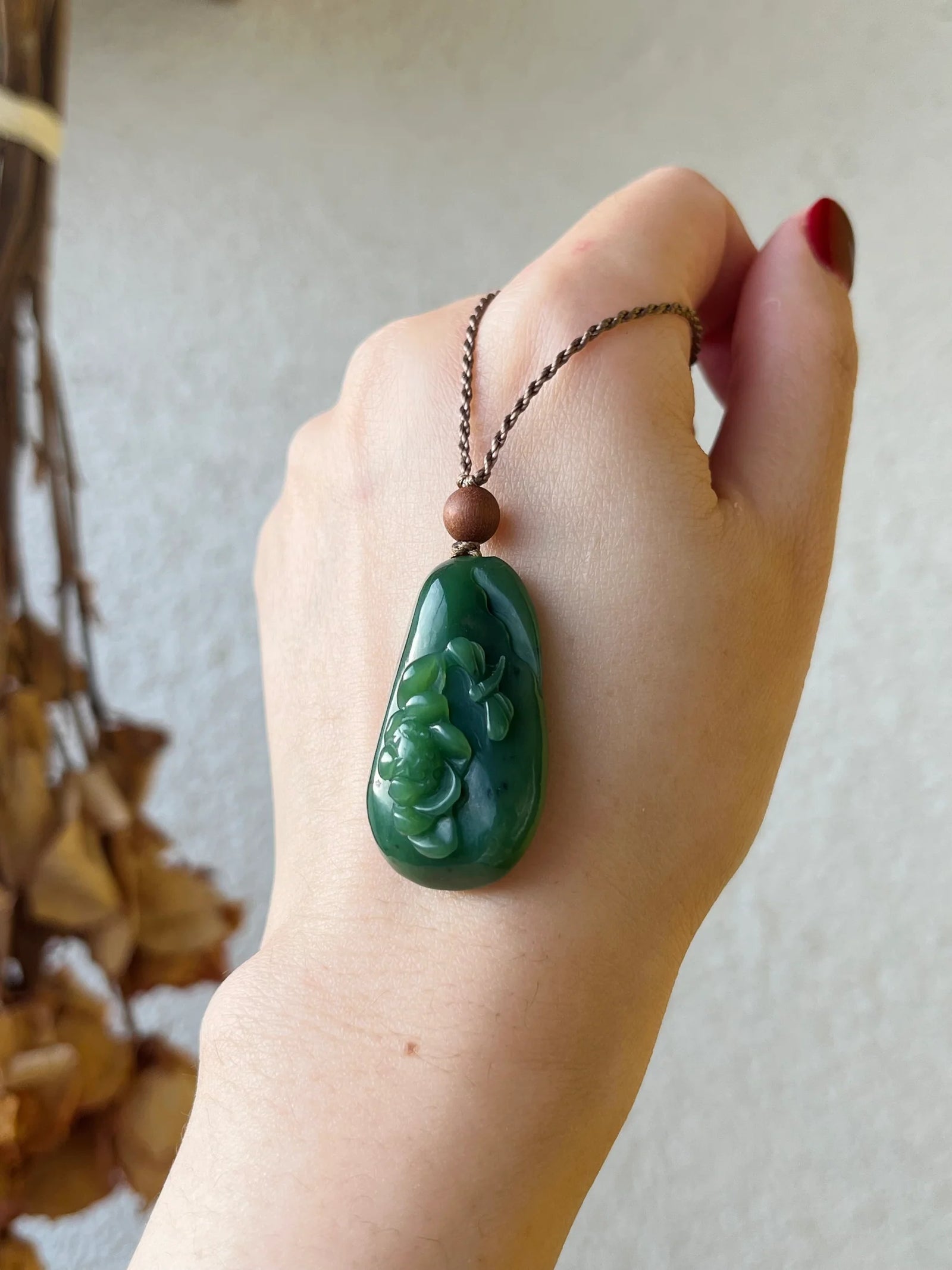 “Eden Whisper” – Green Hetian Jade Lotus & Dragonfly Pendant - detail close-up in green by L'Orient Haus