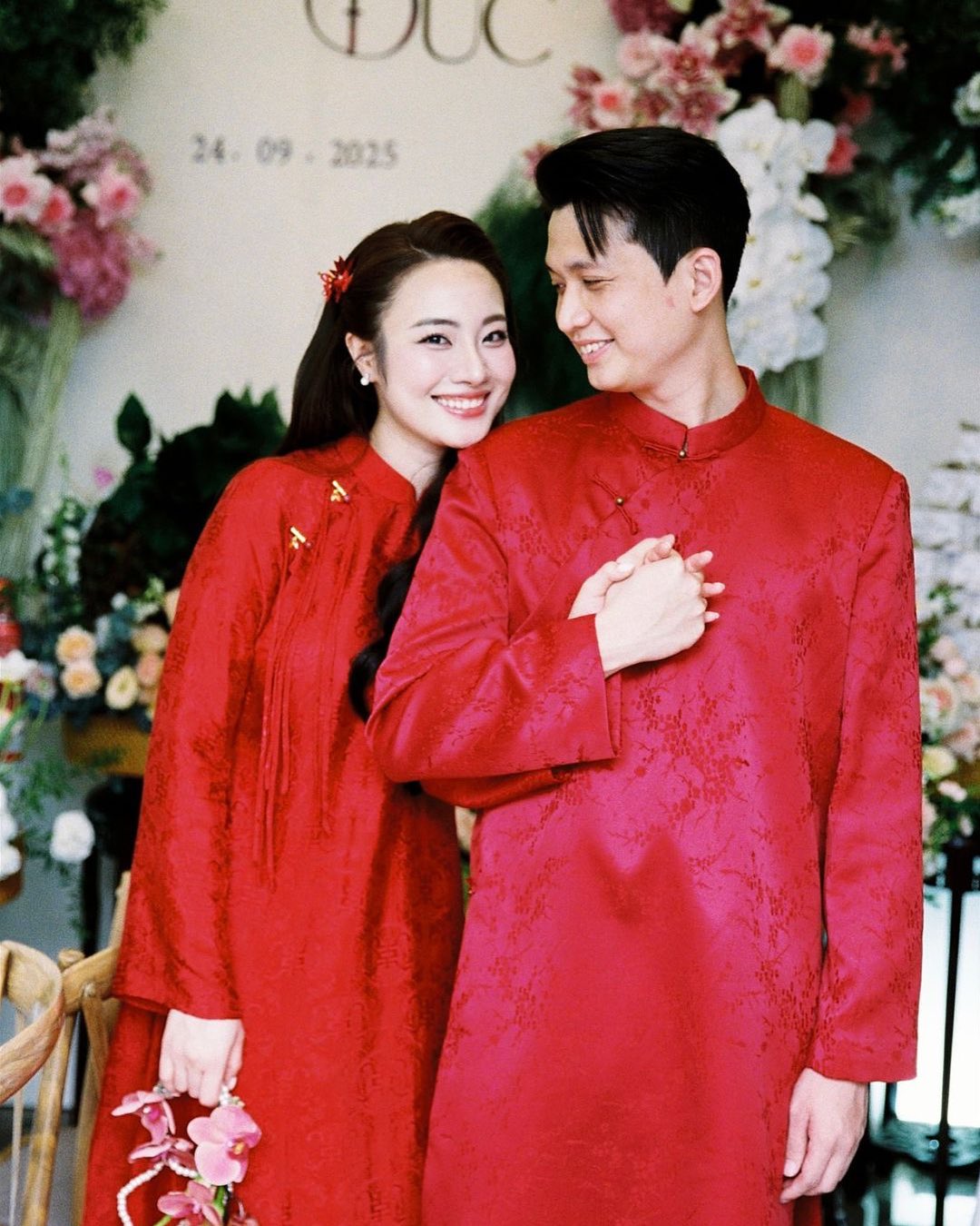 Vietnamese Ao Dai - Phung Vân Men’s Áo Dài - Crimson Silk Brocade - styled presentation in red by Lalin