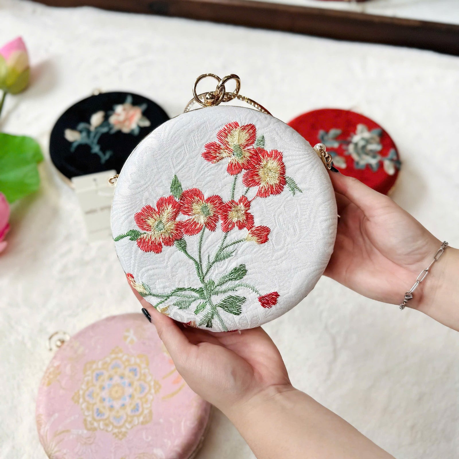 “Tue Lan” – Embroidered Brocade Silk Round Clutch with Metal Handle - detail close-up by Moc - Bags