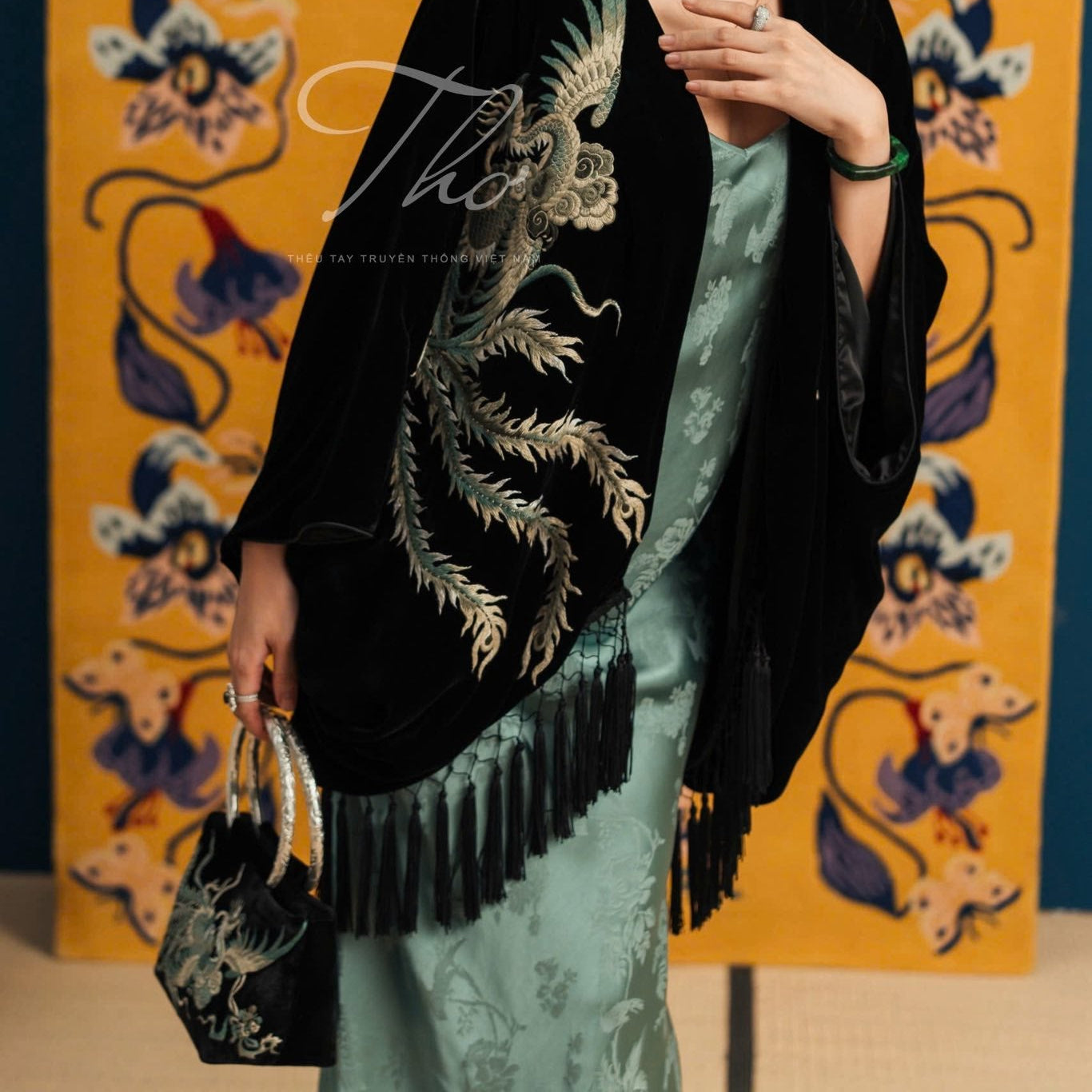“Phượng Vũ” – Hand-Embroidered Velvet Handbag with Fine Silvery/Brass Handle - styled presentation by Tho