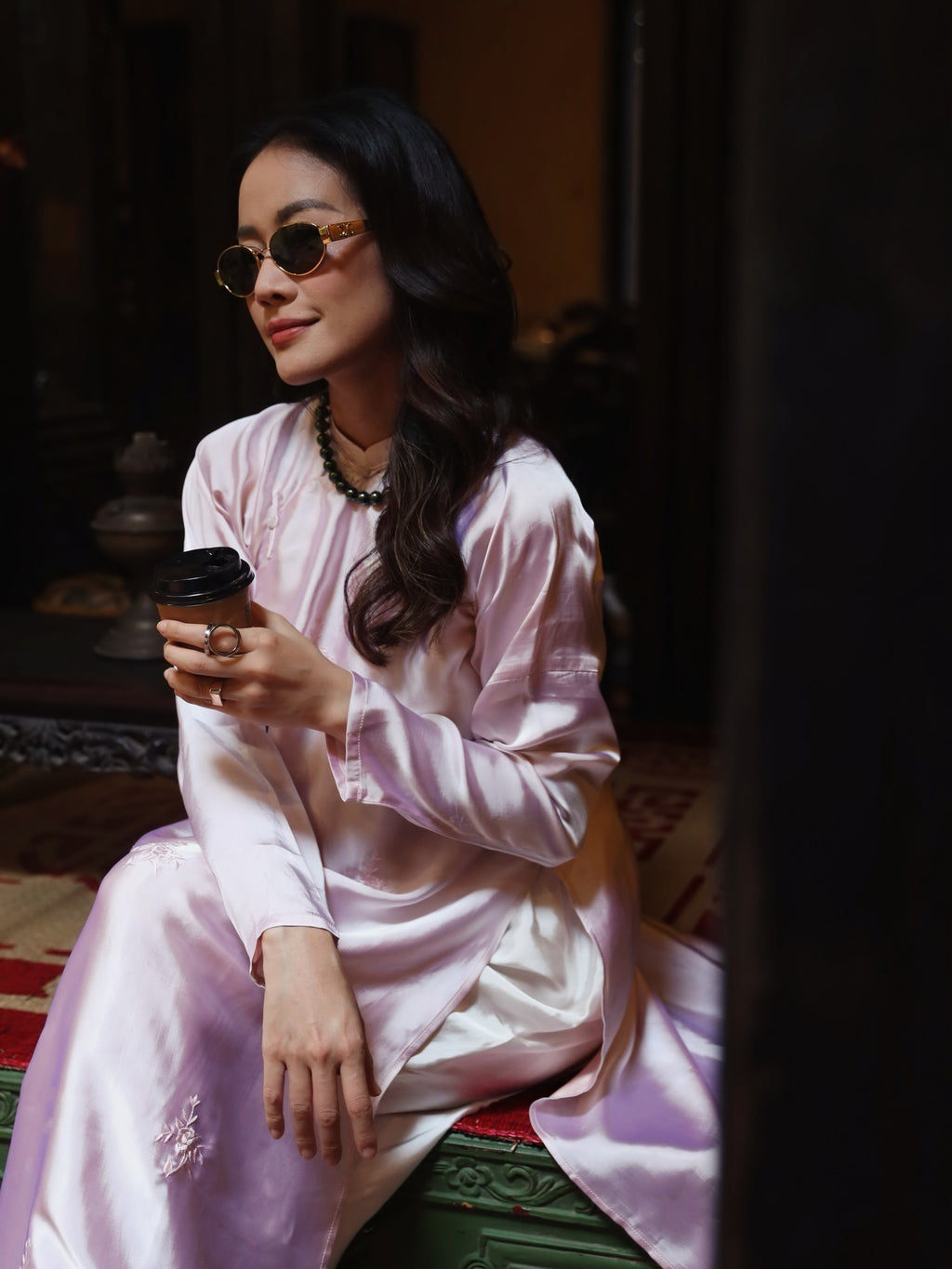 Rose Bunches Ao-dai Set - Premium Hand-embroidered Wormsilk in Soft Lilac - styled presentation by Moc Nhieu