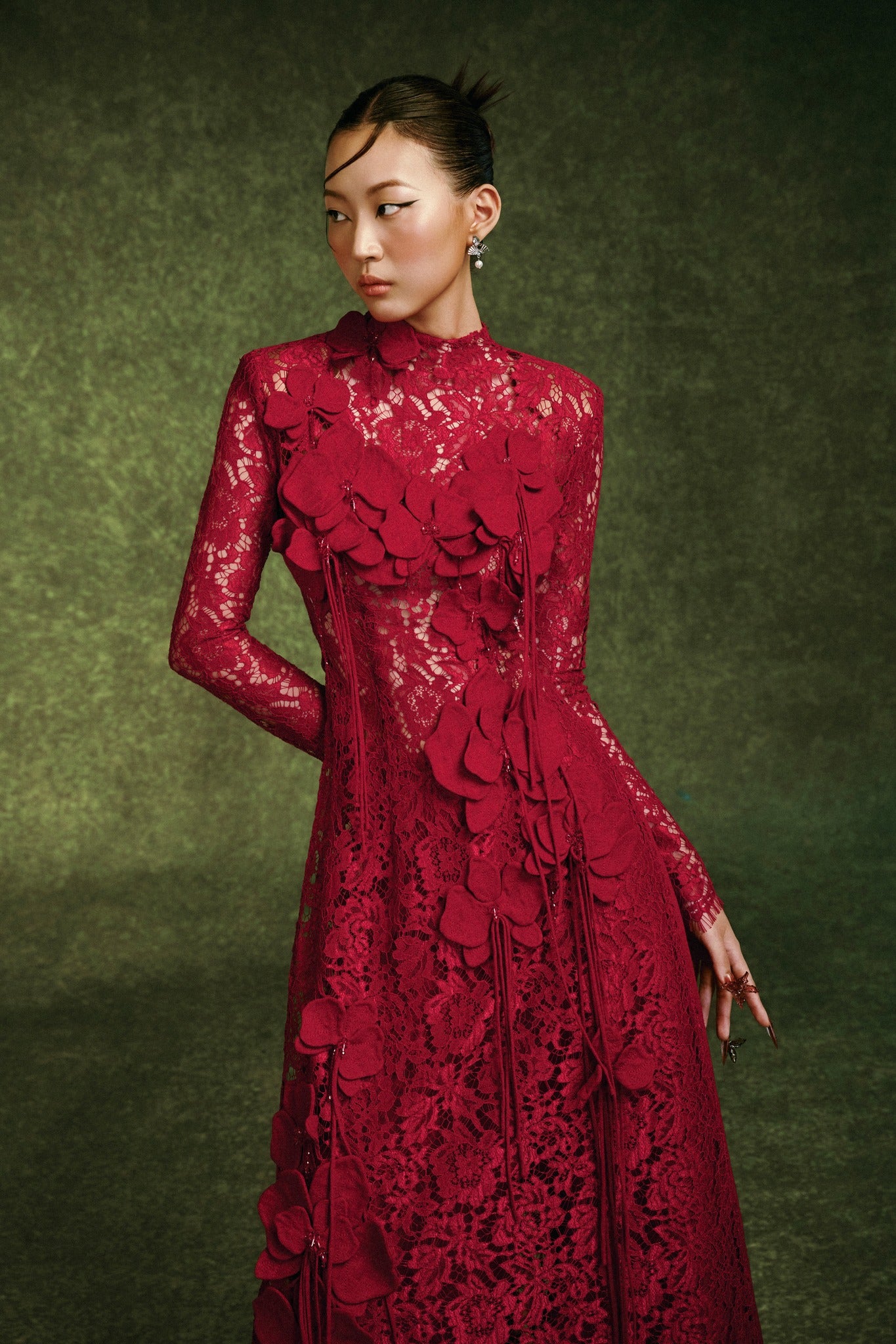 [Limited Edition] Chu Sa Ao-dai Set - Luxury Lace with Handcrafted 3D-Orchids - front view in red by Keira Tong