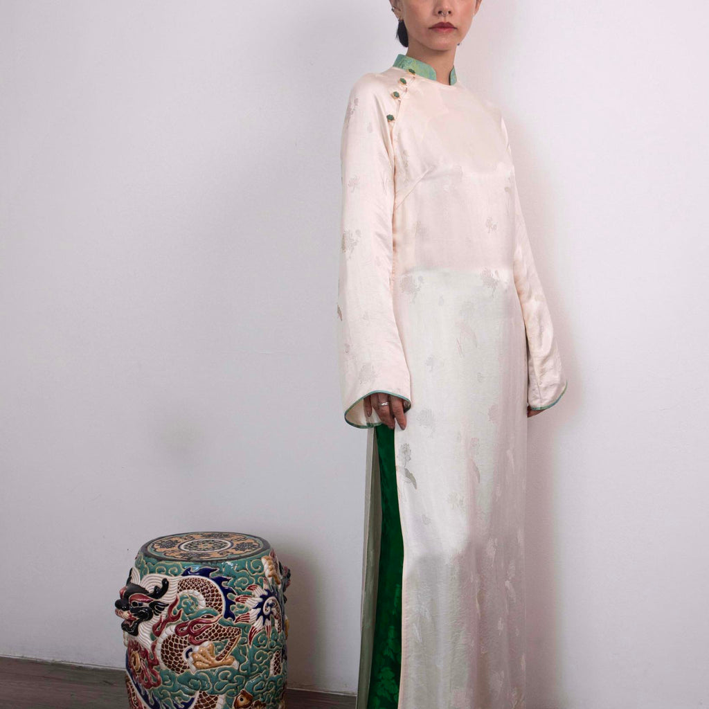 Vietnamese Ao Dai - Ivory Canopy Ao-dai Set - Premium Wormsilk - side profile in pink by Lo Boutique