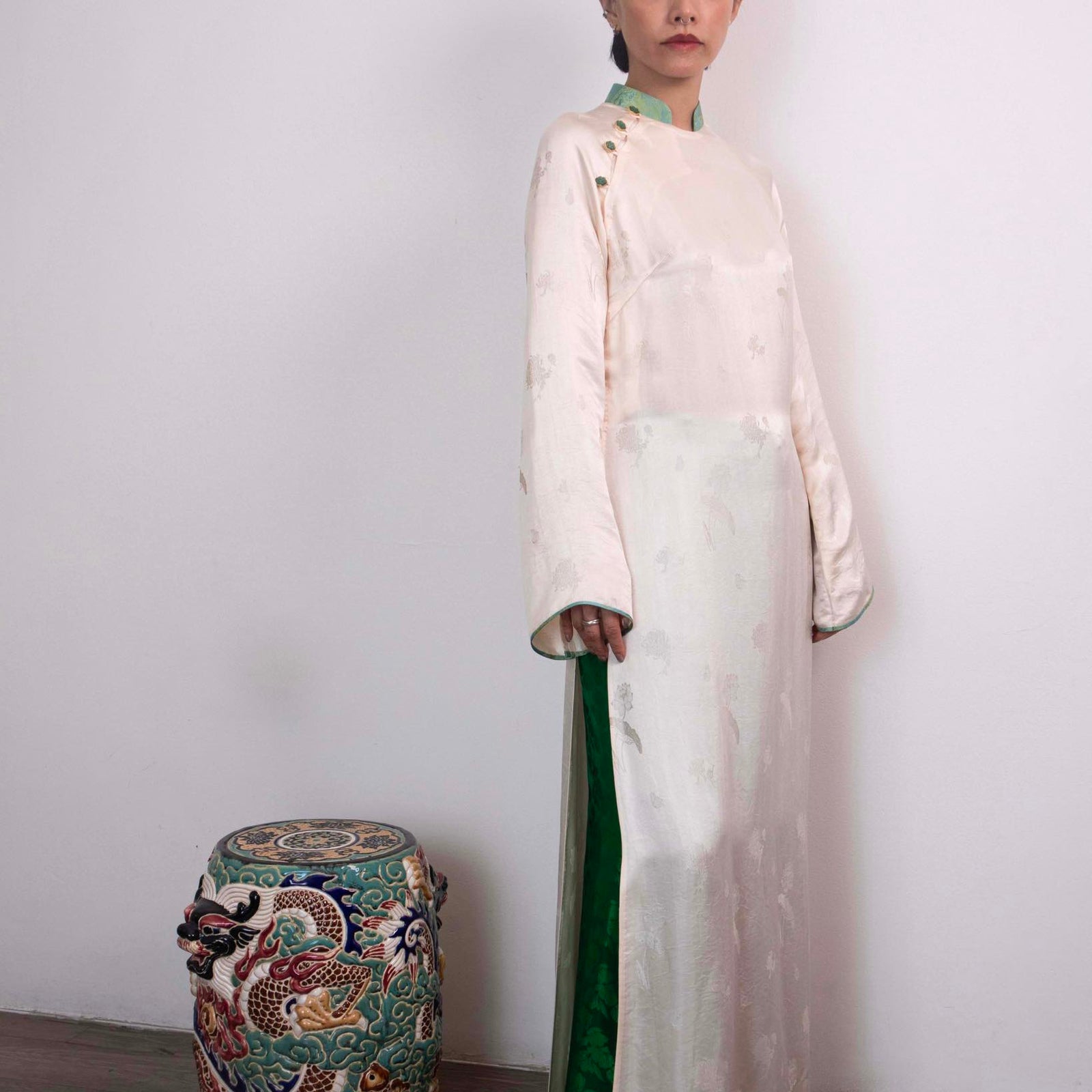 Vietnamese Ao Dai - Ivory Canopy Ao-dai Set - Premium Wormsilk - side profile in pink by Lo Boutique