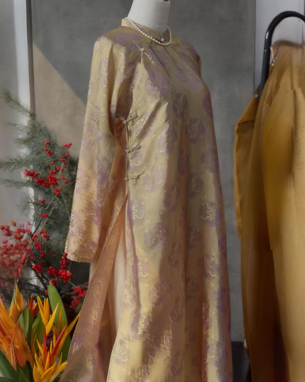 The Wormsilk Poetry Ao-dai Set - Premium Wormsilk with Purple pattern on Gold - side view by Moc Nhieu