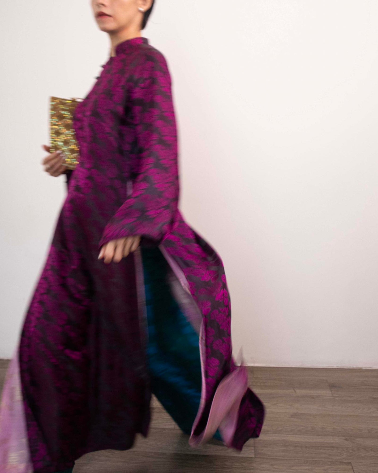 Amethyst Passage Ao-dai Set - Double-layered Ao-dai in Indian Silk - side profile by Lo Boutique