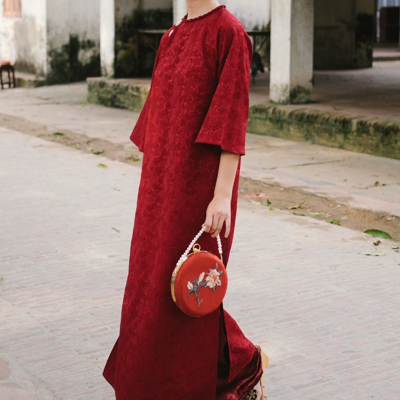 "Hồng Trà" — Embroidered Viscose Handbag with Metal Handle in Round shape - front view | Vietnamese Luxury Fashion
