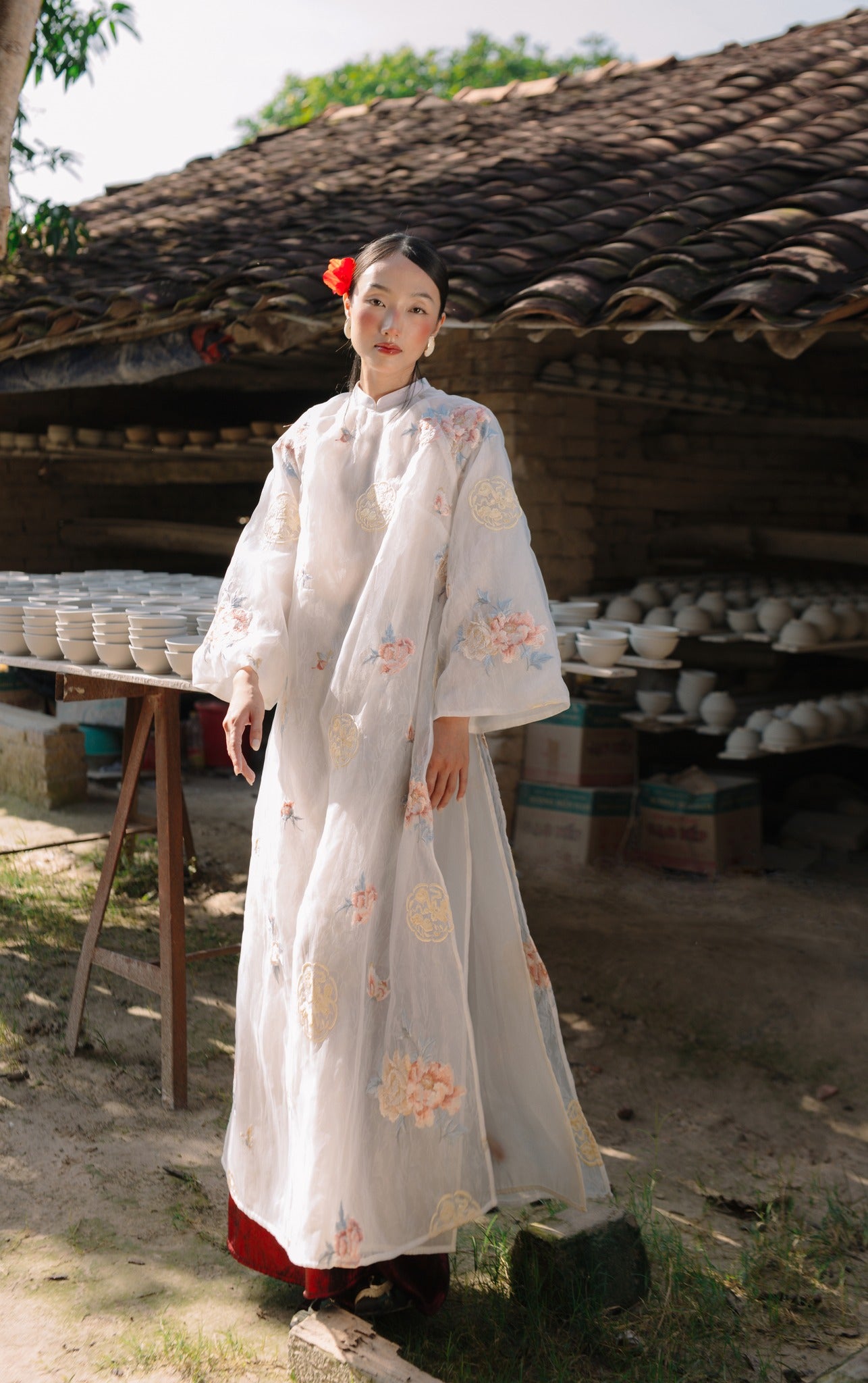 Vietnamese Ao Dai - Ngọc Như Ý Ao-dai Set – Embroidered Áo Dài Set in Soft Ivory - front view in silk in white by Moc
