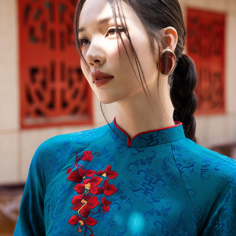 Thu Ky Ao-dai Set- Embroidered Double-layered Ao Dai Set in Duck-neck Teal Wormsilk - front view by Tam