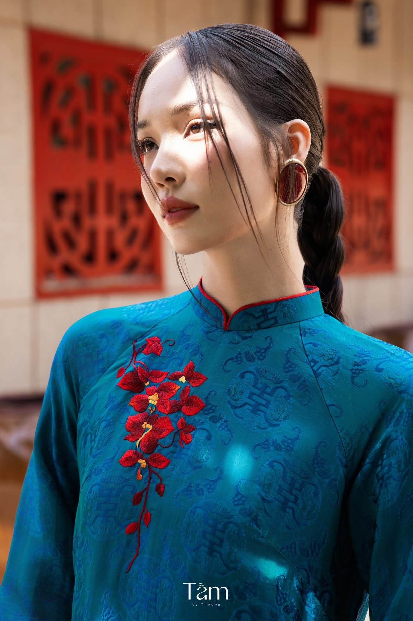 Thu Ky Ao-dai Set- Embroidered Double-layered Ao Dai Set in Duck-neck Teal Wormsilk - front view by Tam