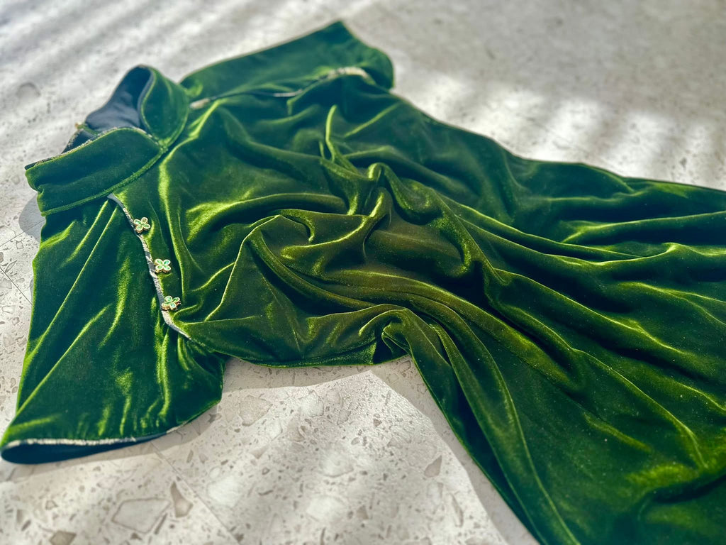 Emerald Grace Cheongsam - Velvet in Deep Green - detail close-up in green by Huyen Thai Collection