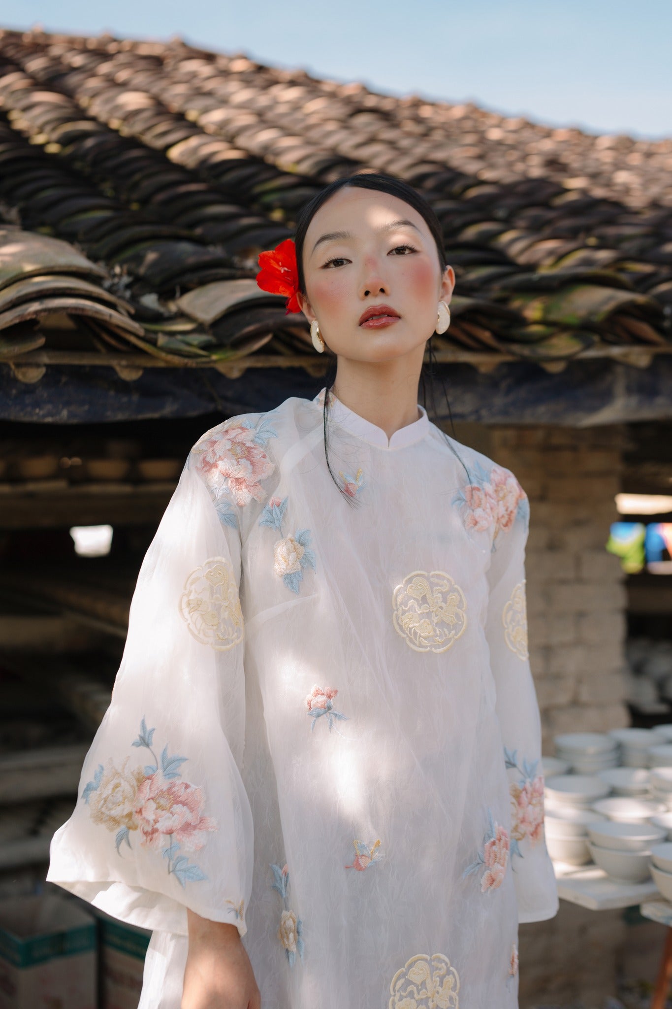 Vietnamese Ao Dai - Ngọc Như Ý Ao-dai Set – Embroidered Áo Dài Set in Soft Ivory - front view in organza in white by Moc