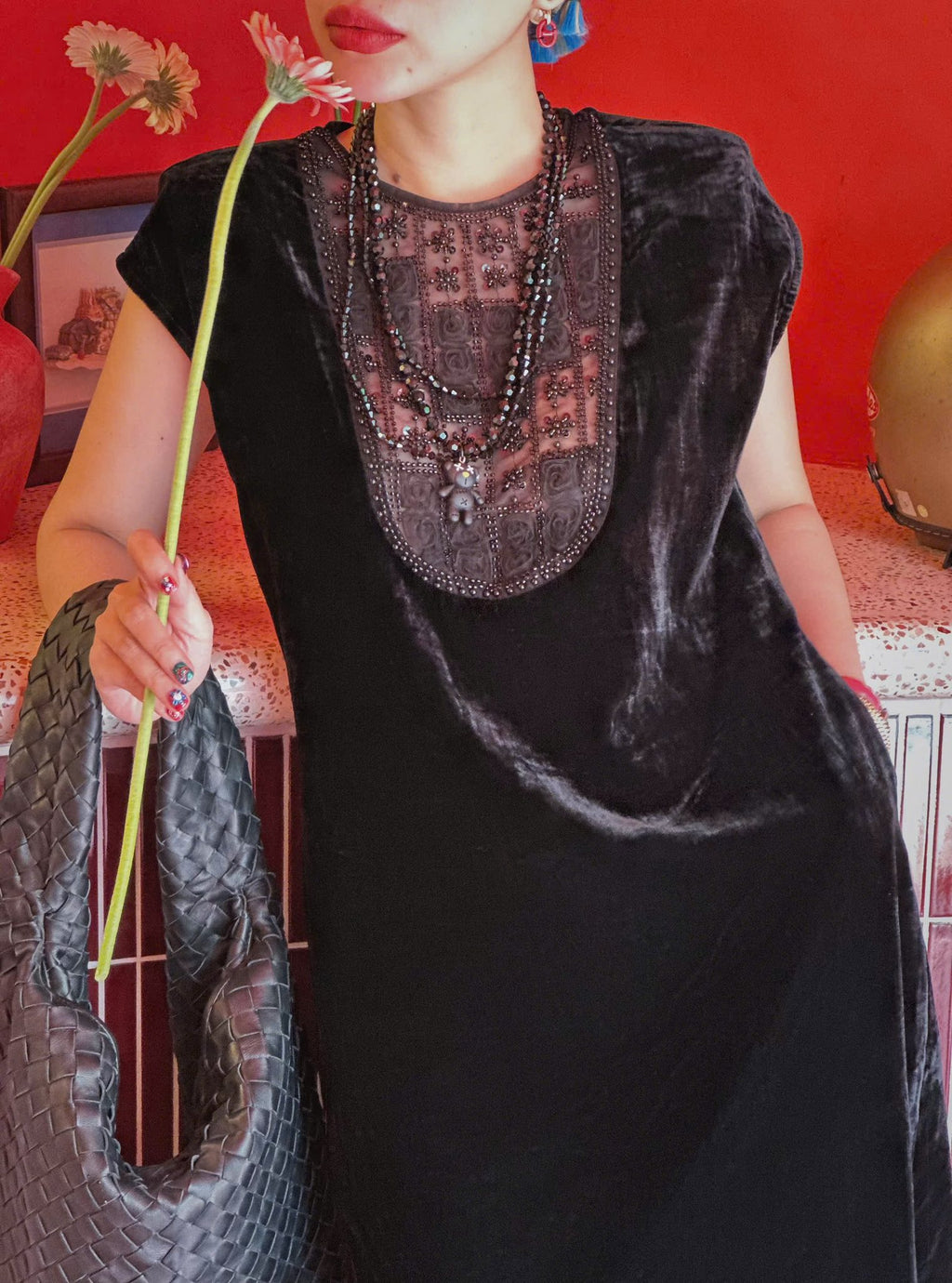 Velvet Prosperity – Velvet Dress with Lacy front in Mid-night Black - front view by Huyen Thai Collection