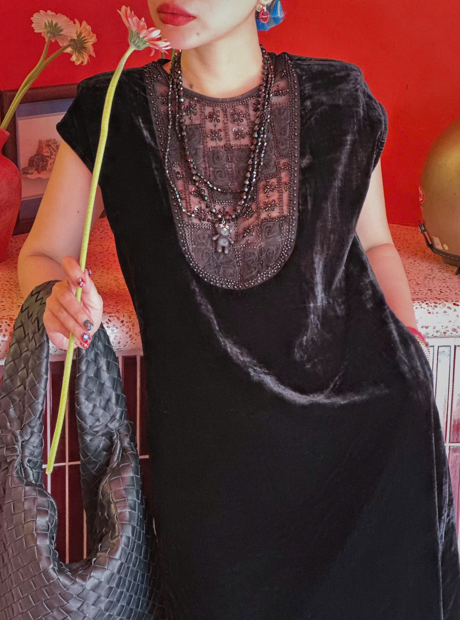 Velvet Prosperity – Velvet Dress with Lacy front in Mid-night Black - front view by Huyen Thai Collection