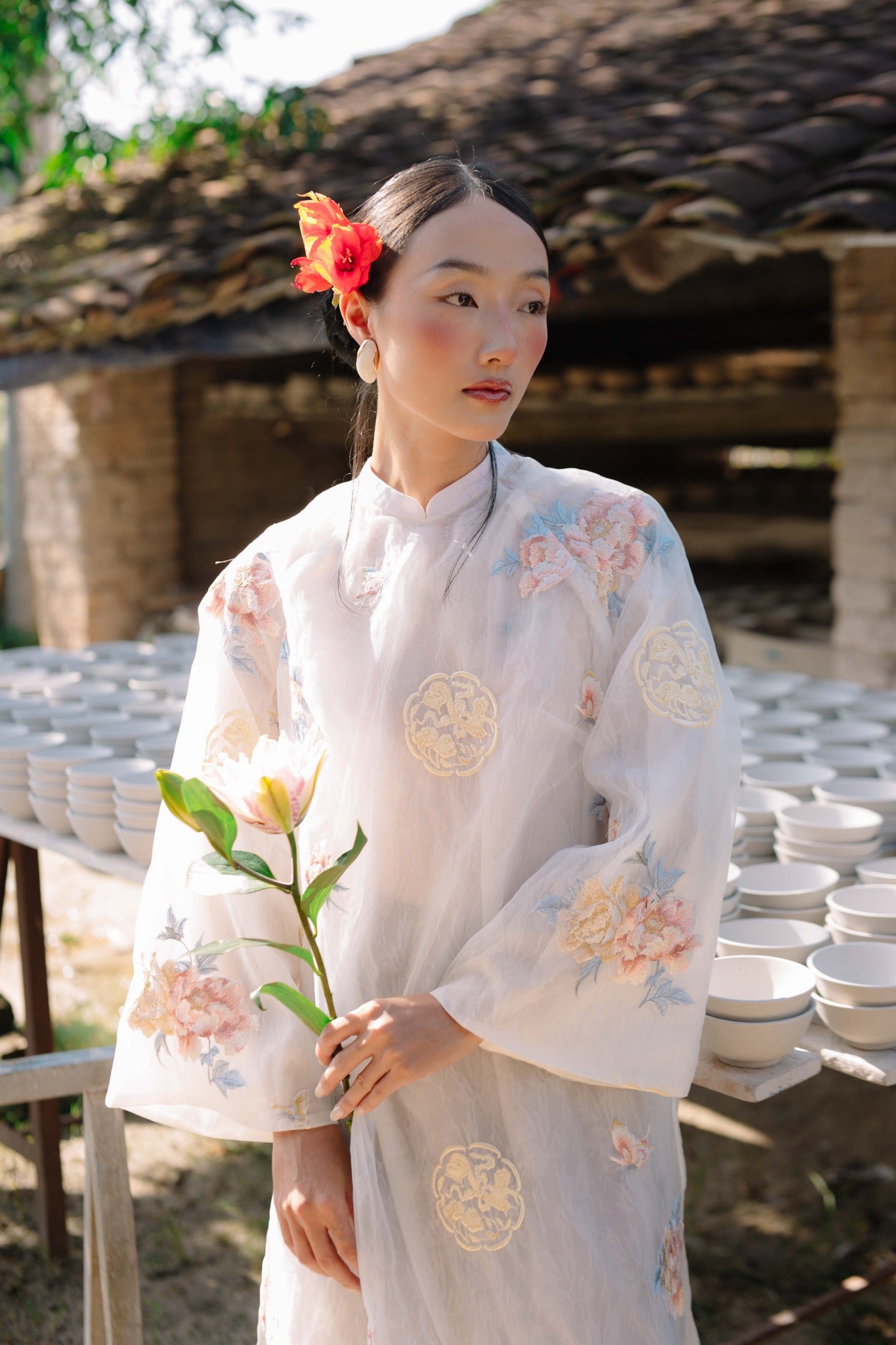 Vietnamese Ao Dai - Ngọc Như Ý Ao-dai Set – Embroidered Áo Dài Set in Soft Ivory - front view in organza in white by Moc
