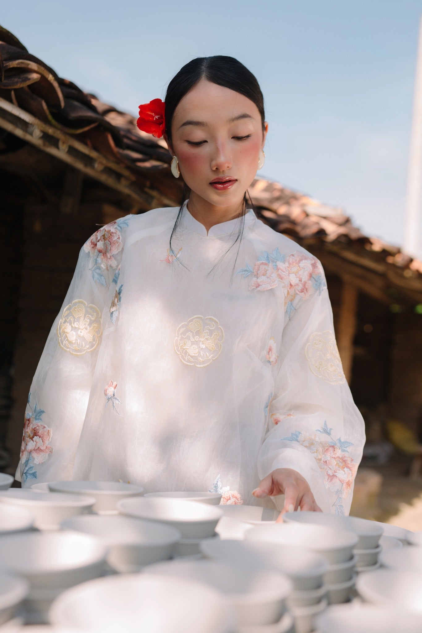Vietnamese Ao Dai - Ngọc Như Ý Ao-dai Set – Embroidered Áo Dài Set in Soft Ivory - front view in organza in white by Moc
