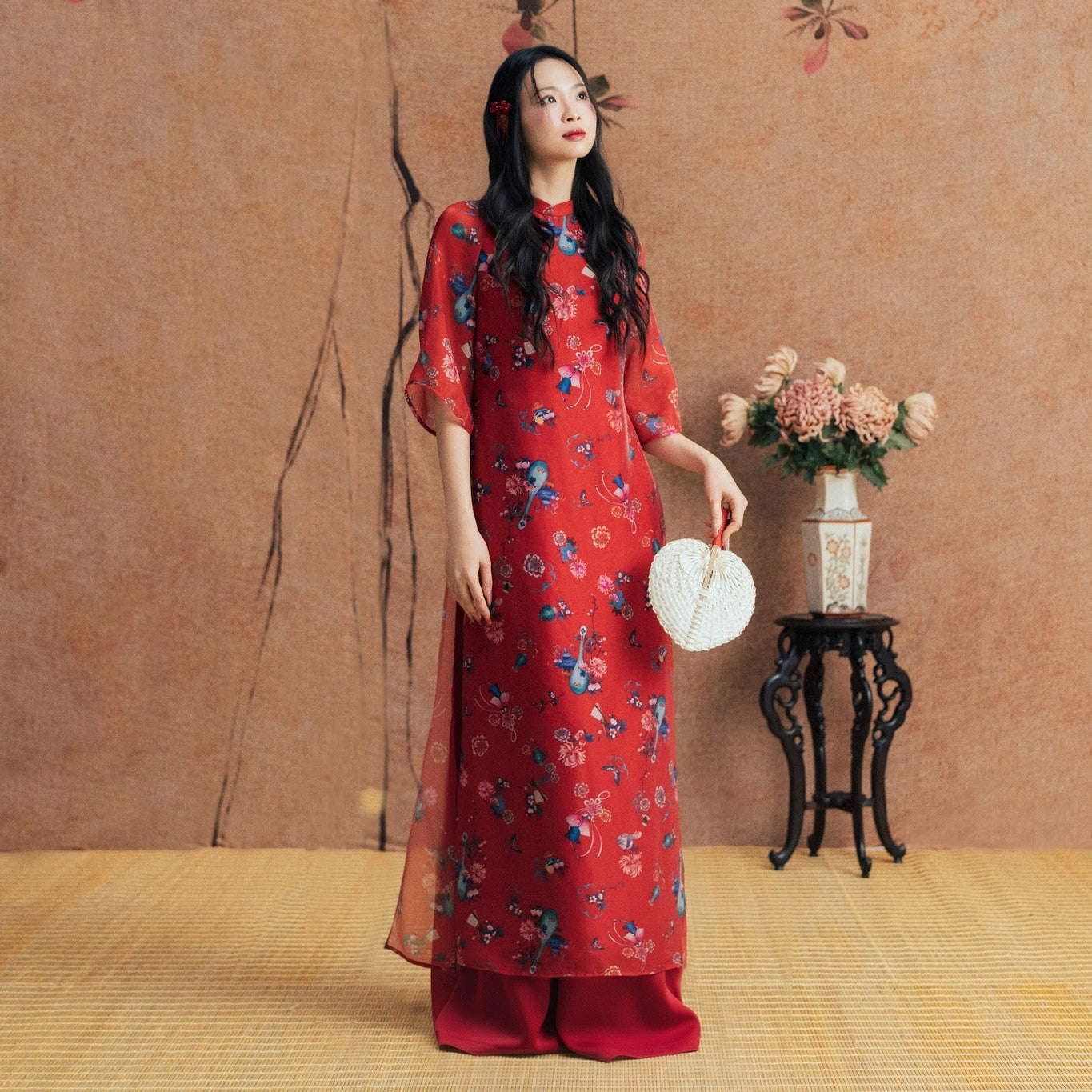 "Phúc Dao" Ao-dai Top - Printed Chiffon in Red - detail view | Vietnamese Luxury Fashion