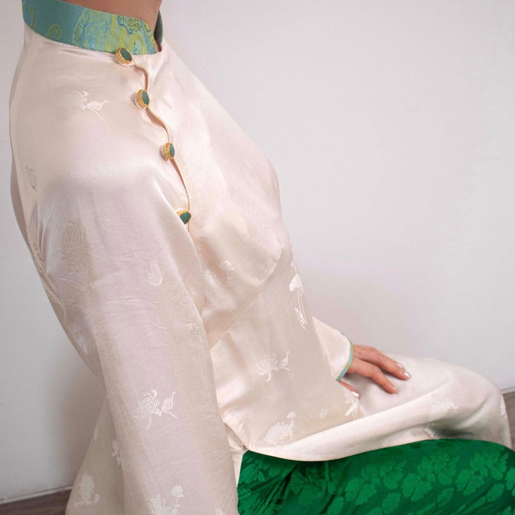 Vietnamese Ao Dai - Ivory Canopy Ao-dai Set - Premium Wormsilk - side profile in white by Lo Boutique